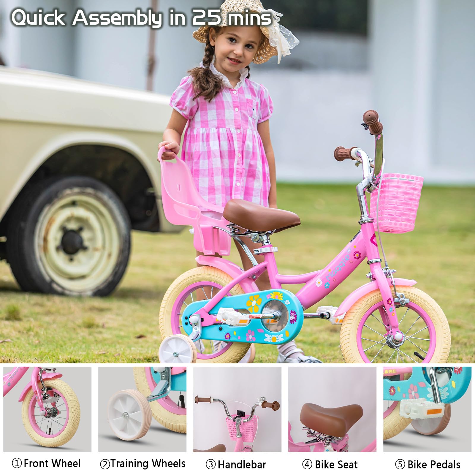 Glerc Maggie Girls Bike, 12-20 Inch Kids Bike for 2-13 Years Old Children, Princess Style Kids Bicycle with Doll-Seat & Basket & Training Wheels, Multiple Colors
