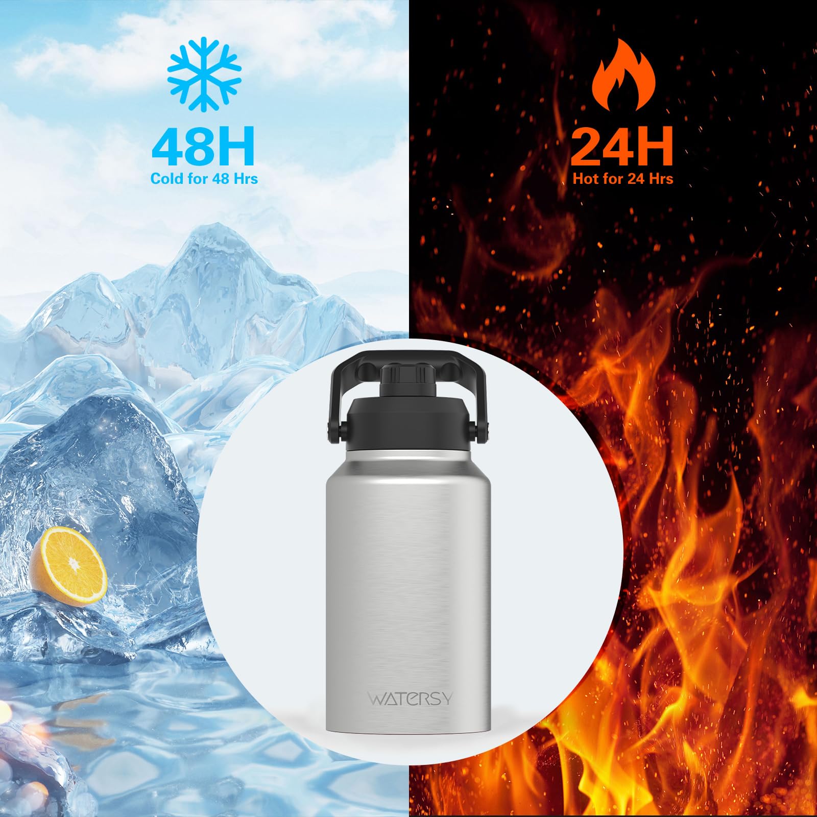 WATERSY Half Gallon Water Bottle Insulated(Cold for 48 Hrs),BPA Free&Leak Proof,64oz Stainless Steel Water Jug/Flask,Big thermo,Large Water Bottle with Handle for Gym,Hiking,Camping,Black
