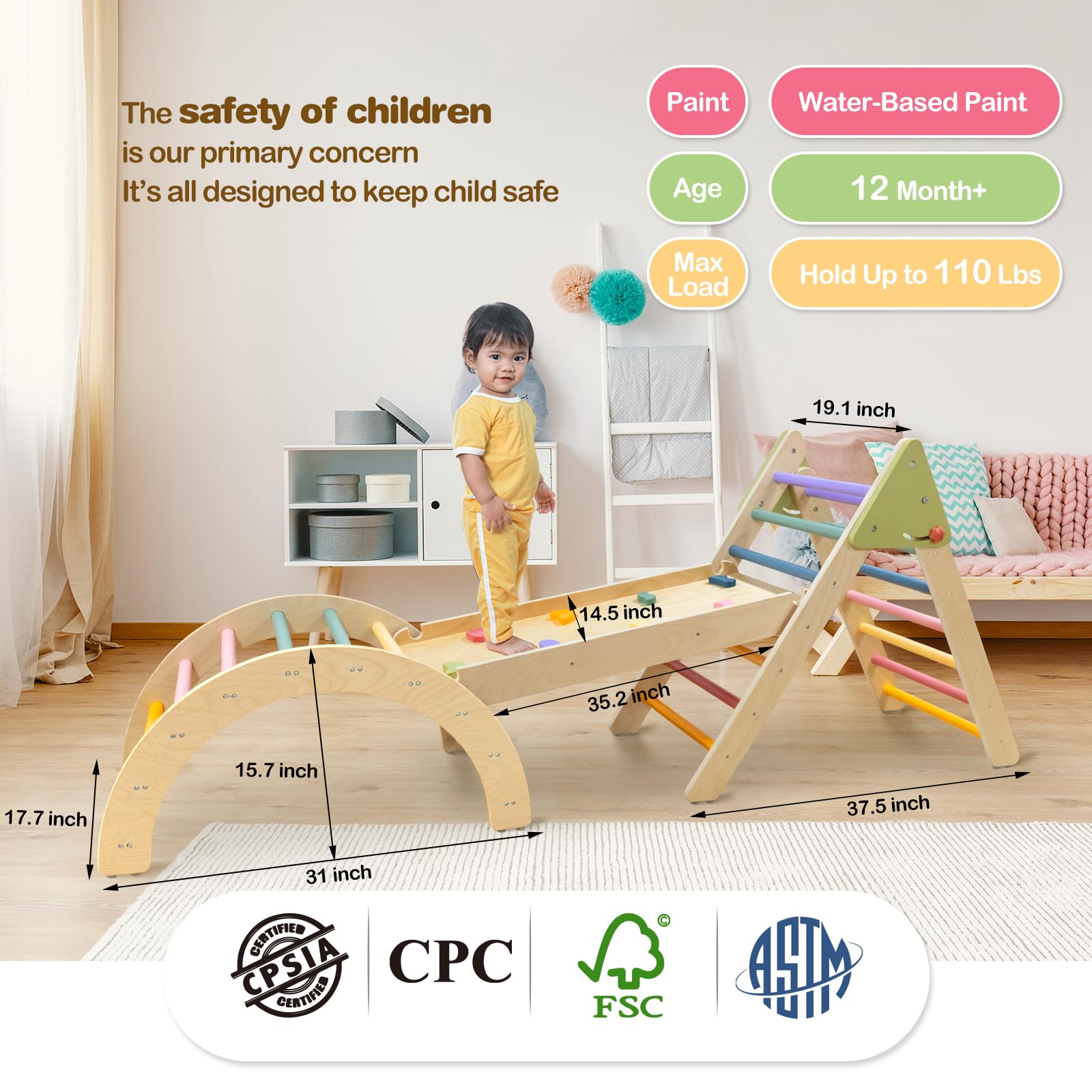 LOL-FUN Pikler Triangle Set with Slide for Toddler 1-3, Montessori Climbing Toys for 1 Year Old, Toddler Climbing Toys Indoor Pickler Climbing Set, Foldable Wooden Climber Jungle Gym for Kids