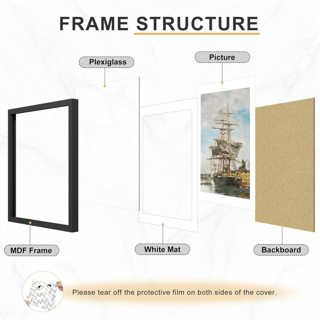 Picrit 24x34 Black Poster Frame 7 Pack, Display Pictures 20x30 Picture with Mat or 24 x 34 without Mat for Horizontal or Vertical Wall Mounting, Wall Gallery Photo Frames