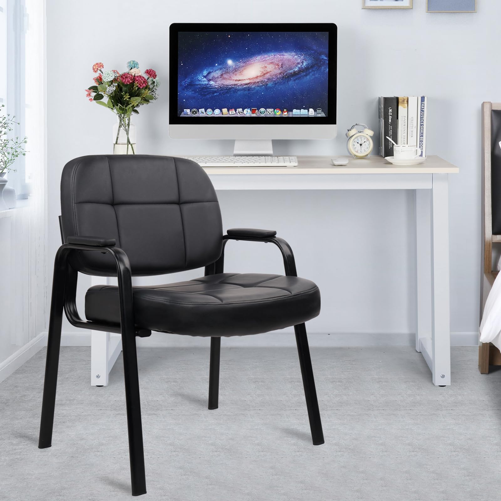 CLATINA Big & Tall 500 lbs Leather Office Reception Chair No Wheels with Padded Arms, Waiting Room Guest Chair for Elderly Home Desk Conference Room Lobby Side Salon Clinic, Black