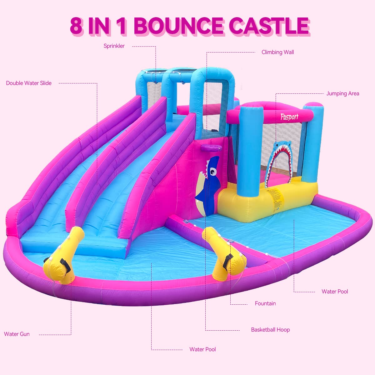 FBSPORT Inflatable Bounce House Double Slide,Water Slide Park Bounce House with Ball Pit,Water Cannon, Climbing Wall, Kids Bouncy Castle with 550W Air Blower for Backyard, Outdoor, Indoor