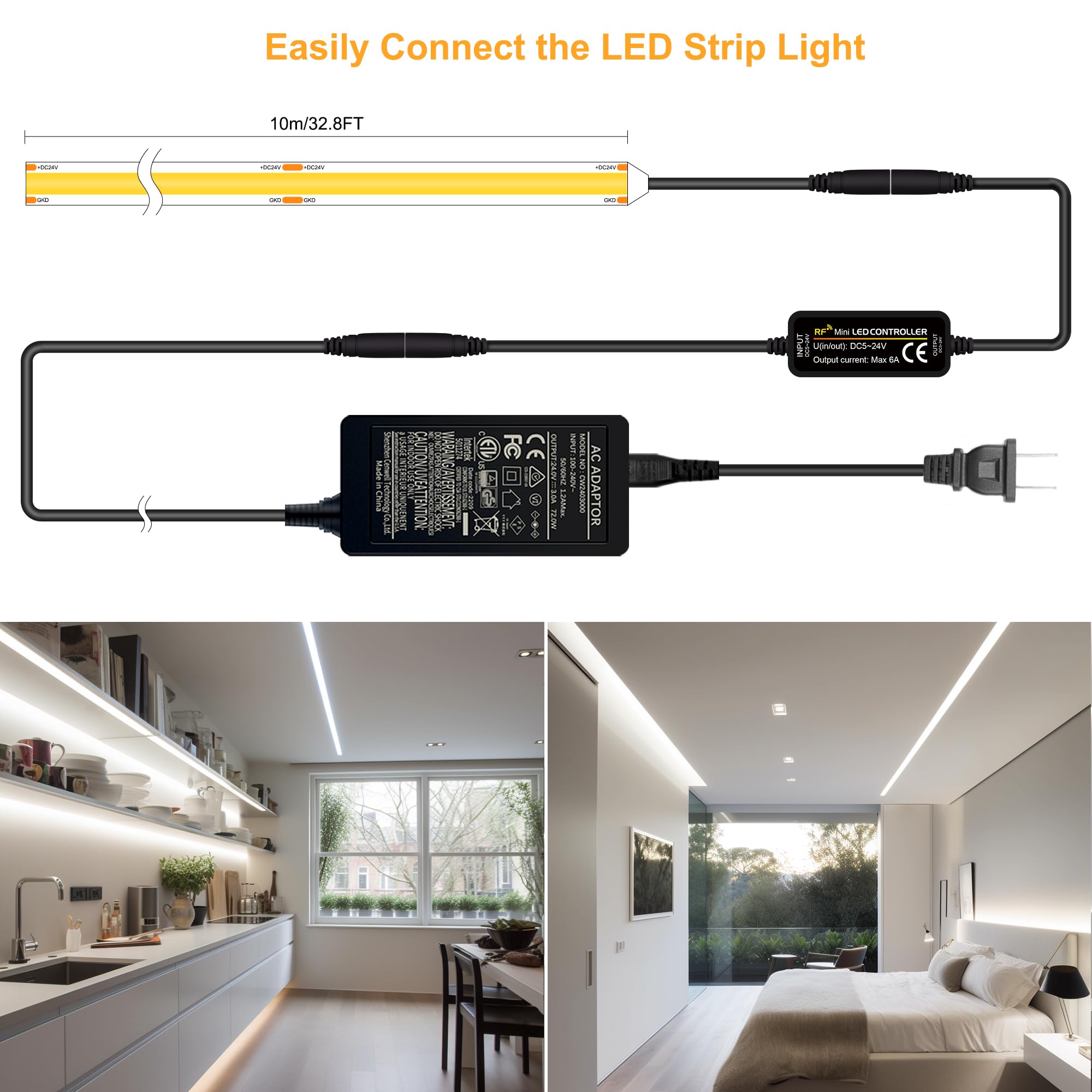 Pandery COB LED Strip,LED Strip Lights 3M/9.84ft,Touch Dimmable LED Strips,CRI90+,2700K Warm White cob led,960LEDs,24V LED Tape Lights,Indoor for Bedroom, Kitchen, TV, Mirror,Cabinet