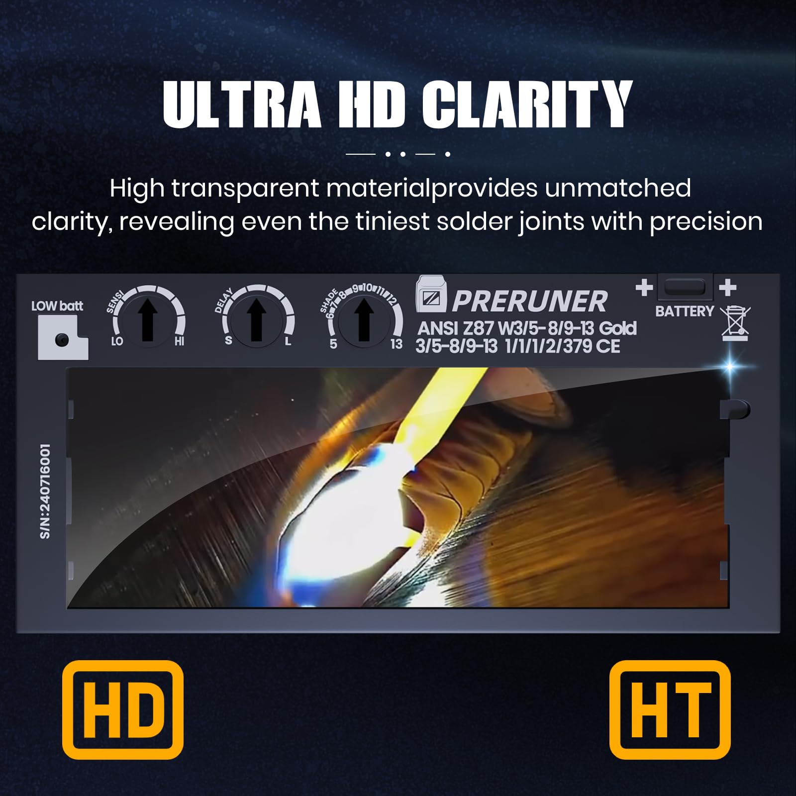 Core Series Gold Shade 9 Auto Darkening Welding Lens 2" x 4 1/4", Slim 0.2" Welding Lens with Cool Blue Puddle View for Pancake & Sugar Scoop Welding Hoods