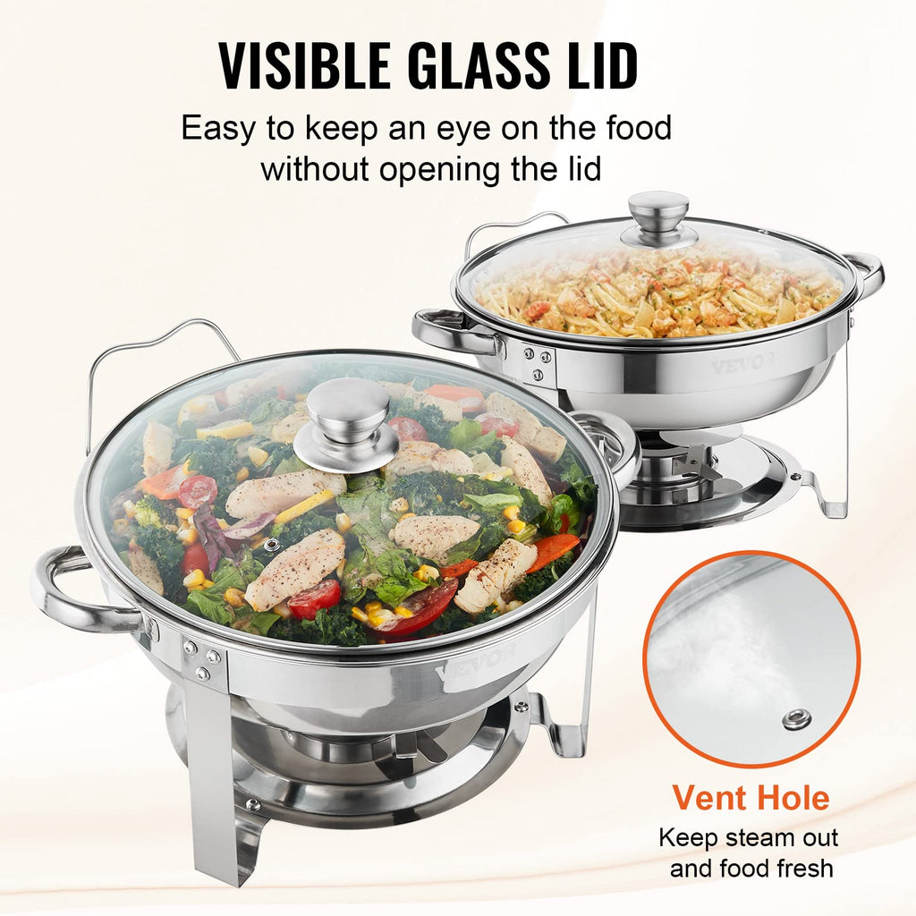 VEVOR Chafing Dish Buffet Set, 5 Qt 4 Pack, Stainless Steel Chafer with 4 Full Size Pan, Round Catering Warmer Server with Glass Lid Water Pan Folding Stand Fuel Holder, for Wedding Banquet, Gold