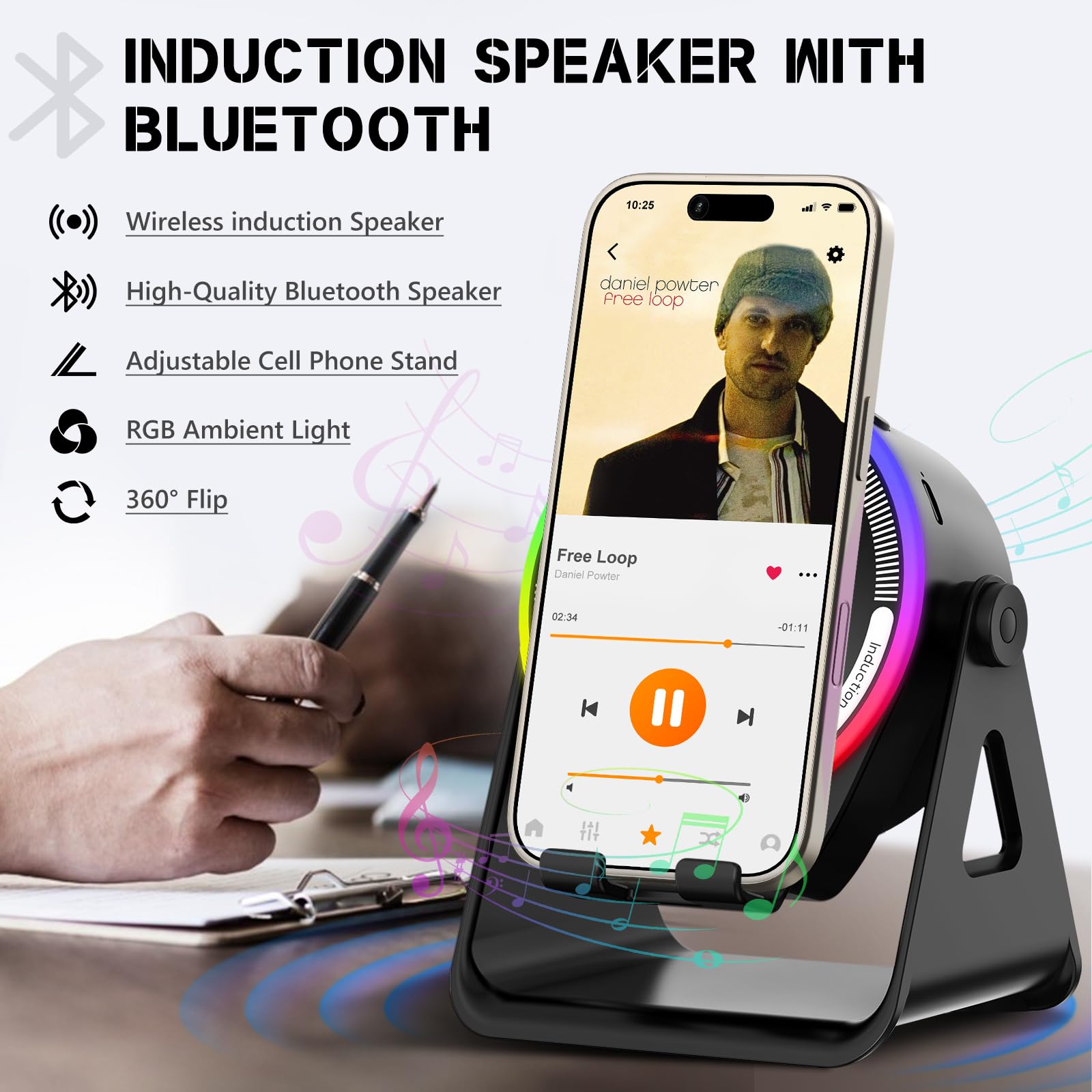 Wireless Induction Speaker, 5-in-1 Bluetooth 5.3 Phone Stand with 360° Rotation & RGB Ambient Light - Cool Tech Gadgets Gifts for Men Women Dad Mom - Compatible iPhone/Android/iPad/Samsung (Black)