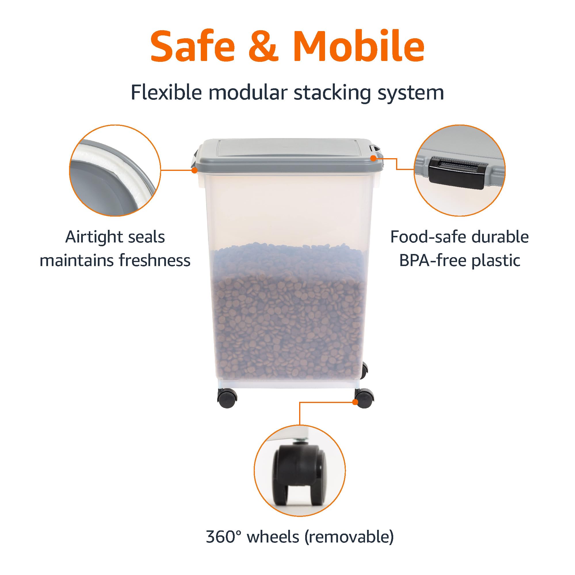 Amazon Basics 3-Piece Airtight Pet Food Storage Container Combo with Scoop, BPA Free, Removable Wheels, 33 QT + 12 QT