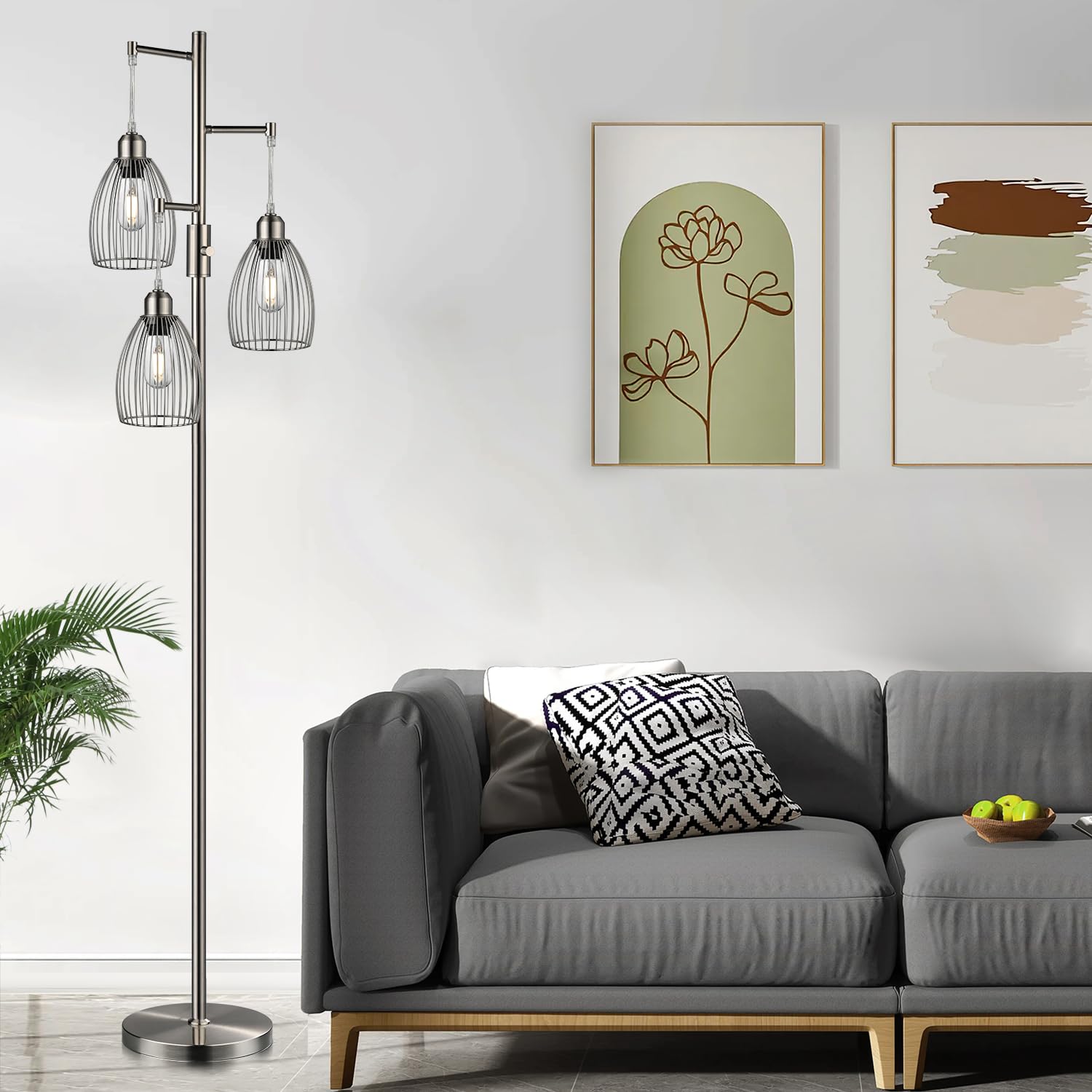 Dimmable Floor Lamp, 3 x 800LM LED Edison Bulbs Included, Farmhouse Industrial Floor Lamp Standing Tree Lamp with Elegant Teardrop Cage Tall Lamps for Living Room Bedroom Office Dining Room-Brass