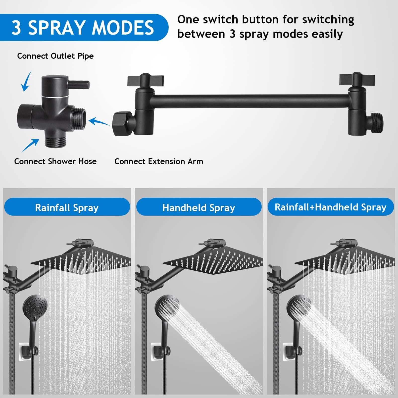 Shower Head Combo(Brushed Nickel),8 Inch High Pressure Rain Shower Head with 11 Inch Adjustable Extension Arm and 5 Settings Handheld Shower Head Combo,Powerful Shower Spray Against Low Pressure Water