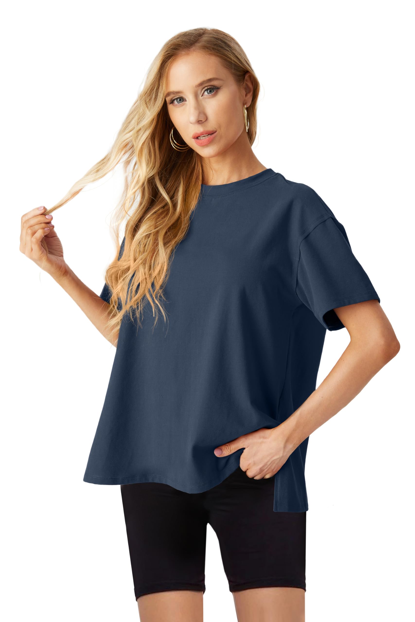 Lepunuo Oversized T Shirts for Women Summer Tops 2024 Trendy Cotton Casual Loose Fit Short Sleeve Side Slit Tee Shirts