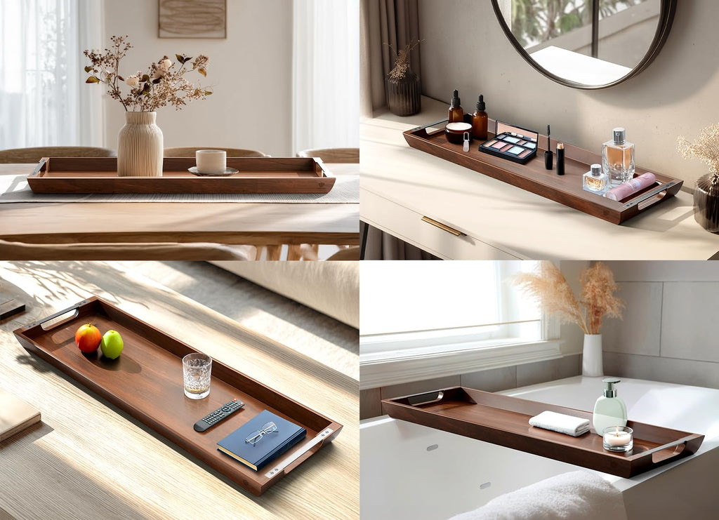 Acacia Wood Serving Tray with Metal Handles, 17x13in Food Drinks Tray for Coffee Table, Breakfast, Dinner & Bar, Rustic Decorative Storage Tray for Ottoman, Kitchen, Elegent Gift for Father