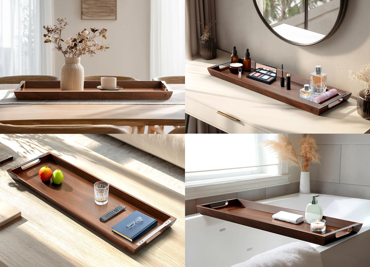 Acacia Wood Serving Tray with Metal Handle, 17x13in Tray for Ottoman