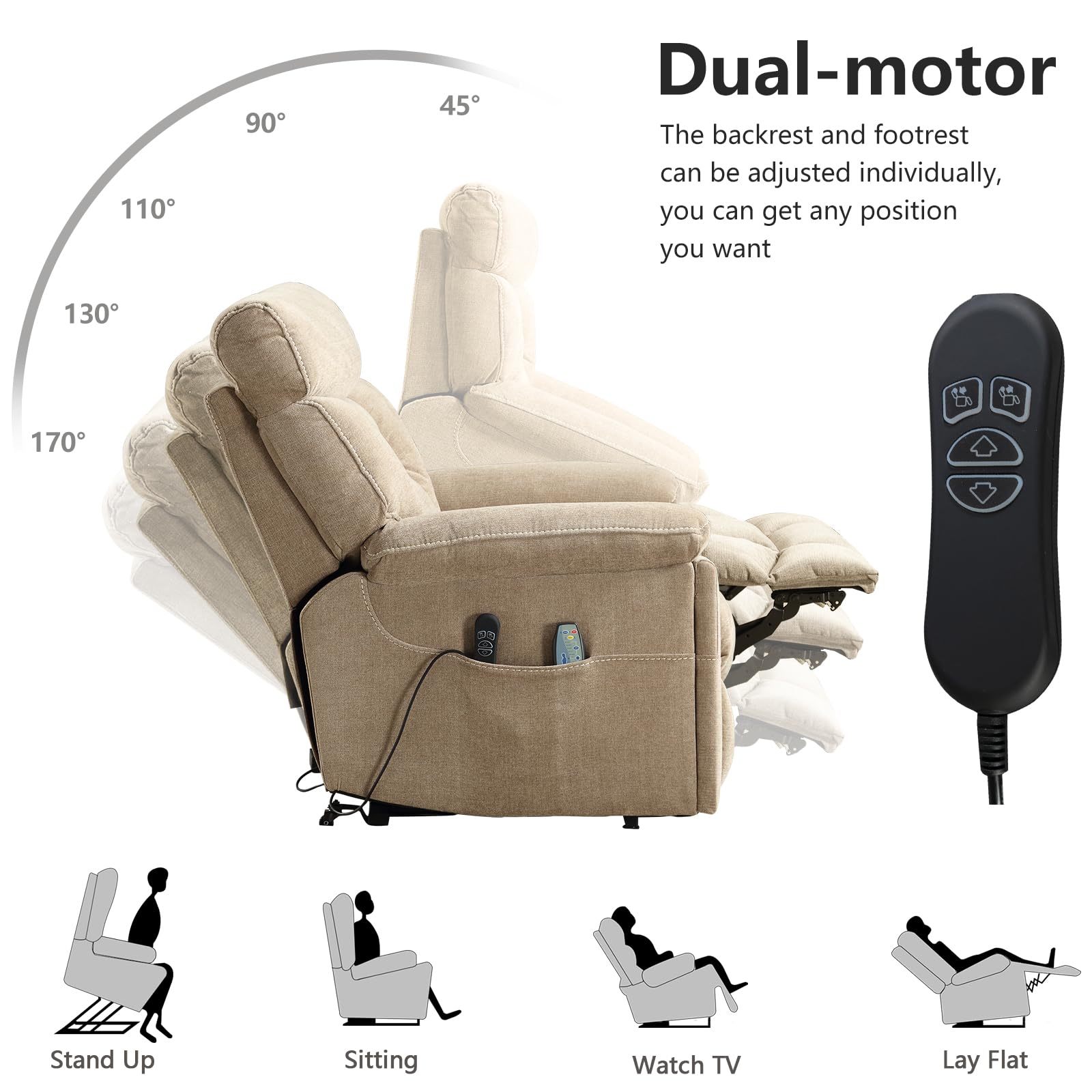 CANMOV Dual Motor Power Lift Recliner Chair for Elderly, 27" Extra-Wide Seat 450 lbs Weight Capacity Infinite Position Adjustment, with Heated Massage, Cup Holders and USB Port, Camel Fabric