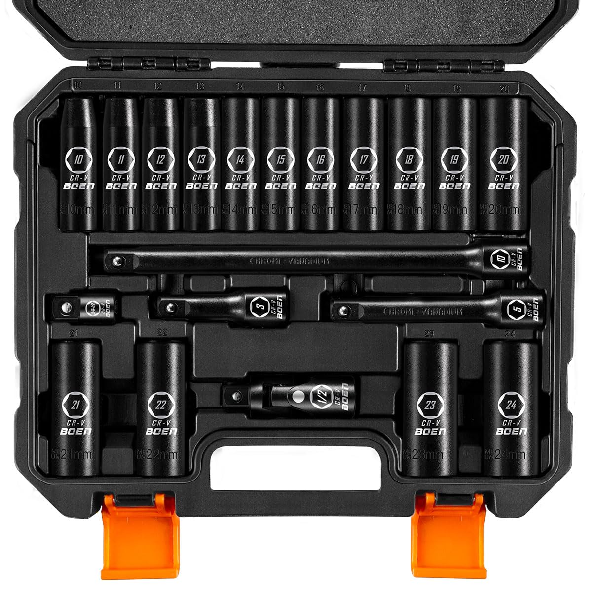 BOEN 1/2" Drive Deep Impact Socket Set, 11 Pieces Socket Set Metric 10-24mm, 6 Point Design, Cr-V Steel, Laser Marking, Durable Storage Case, Meets ANSI Standards