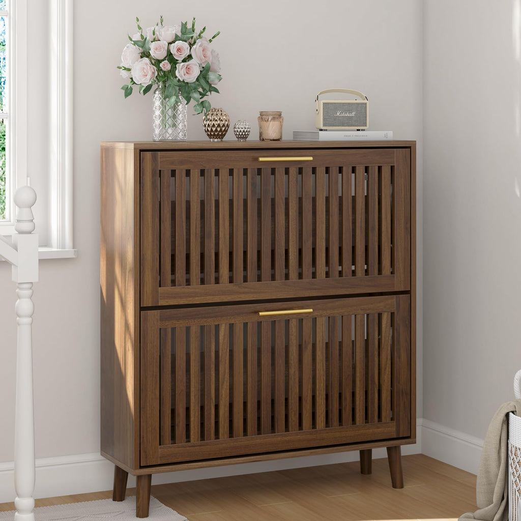 Smart FENDEE Shoe Cabinet with 2 Flip Slatted Drawers, Farmhouse Slim Shoe Organizer Rack with Golden Handles, Freestanding Hidden Entryway Storage for Hallway, Natural