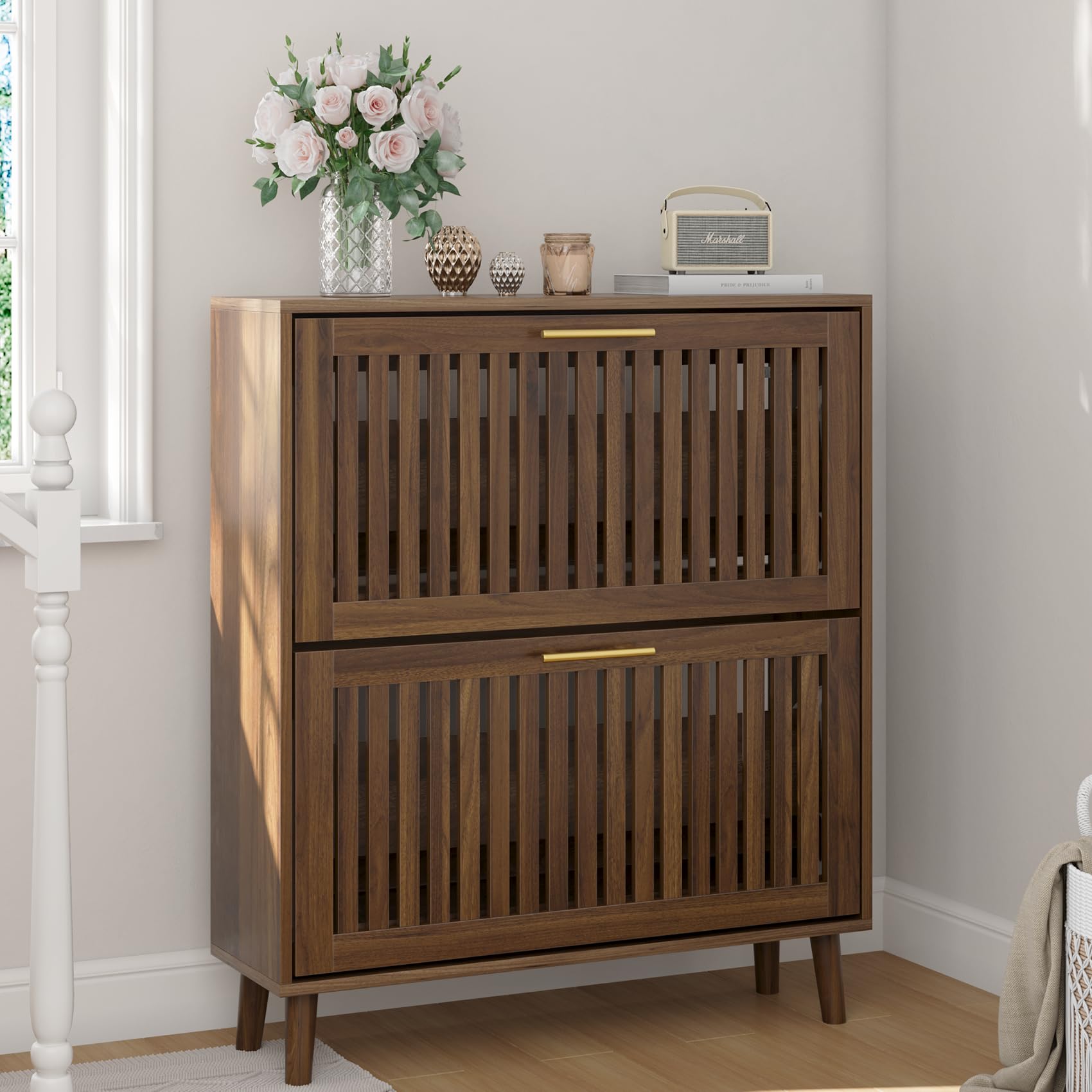 Smart FENDEE Shoe Cabinet with 2 Flip Slatted Drawers, Farmhouse Slim Shoe Organizer Rack with Golden Handles, Freestanding Hidden Entryway Storage for Hallway, Natural