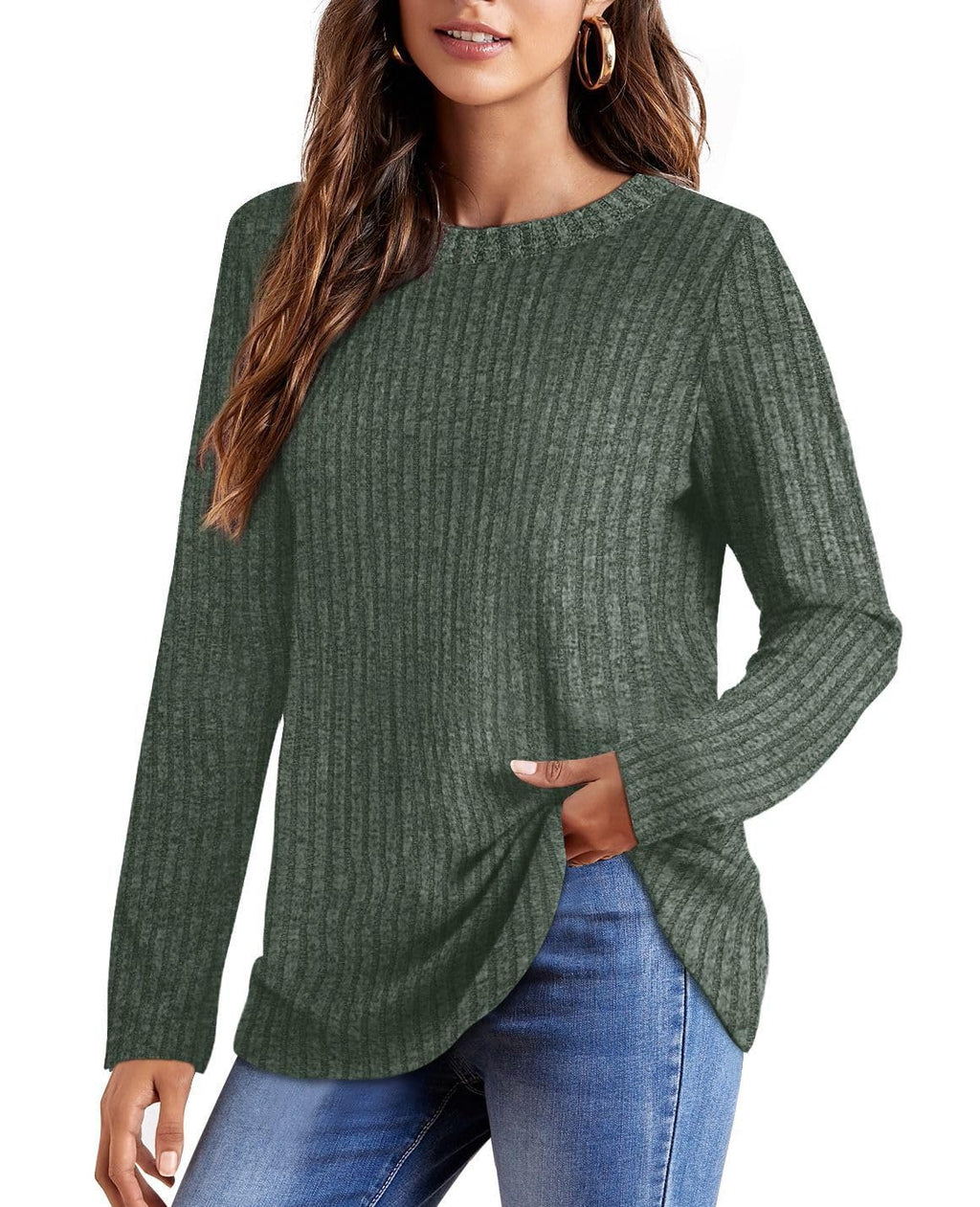 OFEEFAN Long Sleeve Shirts for Women Loose Fit Crew Neck Tunic Tops Blouse Dressy Casual Fall Winter Clothes Outfits