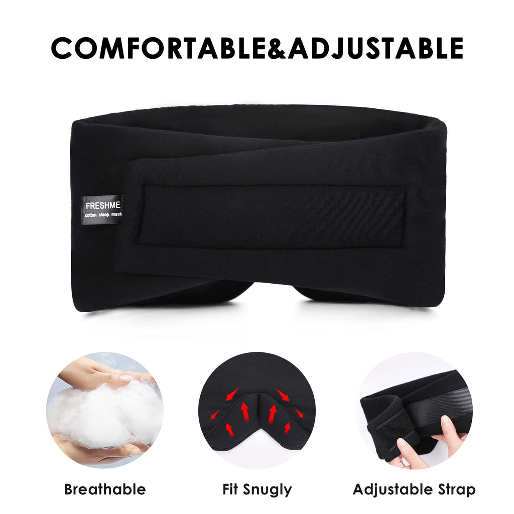 FRESHME Sleep Mask Blackout - Handmade Cotton Sleep Mask for Women Men Eye Mask for Sleeping Black Soft Eye Cover for Sleeping with Adjustable Veclro Breathable Eye Blindfold for Night Nap Travel