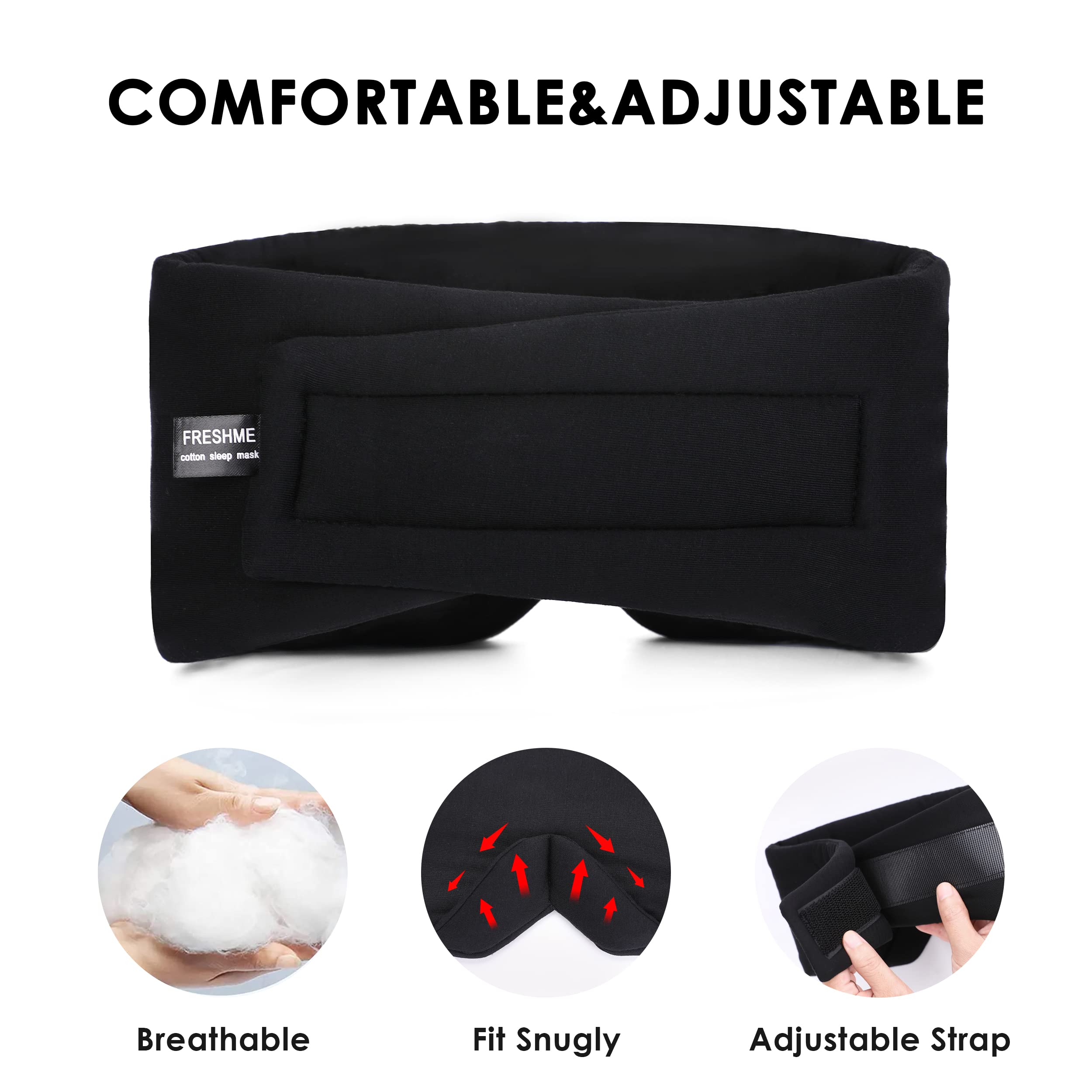 FRESHME Sleep Mask Blackout - Handmade Cotton Sleep Mask for Women Men Eye Mask for Sleeping Black Soft Eye Cover for Sleeping with Adjustable Veclro Breathable Eye Blindfold for Night Nap Travel