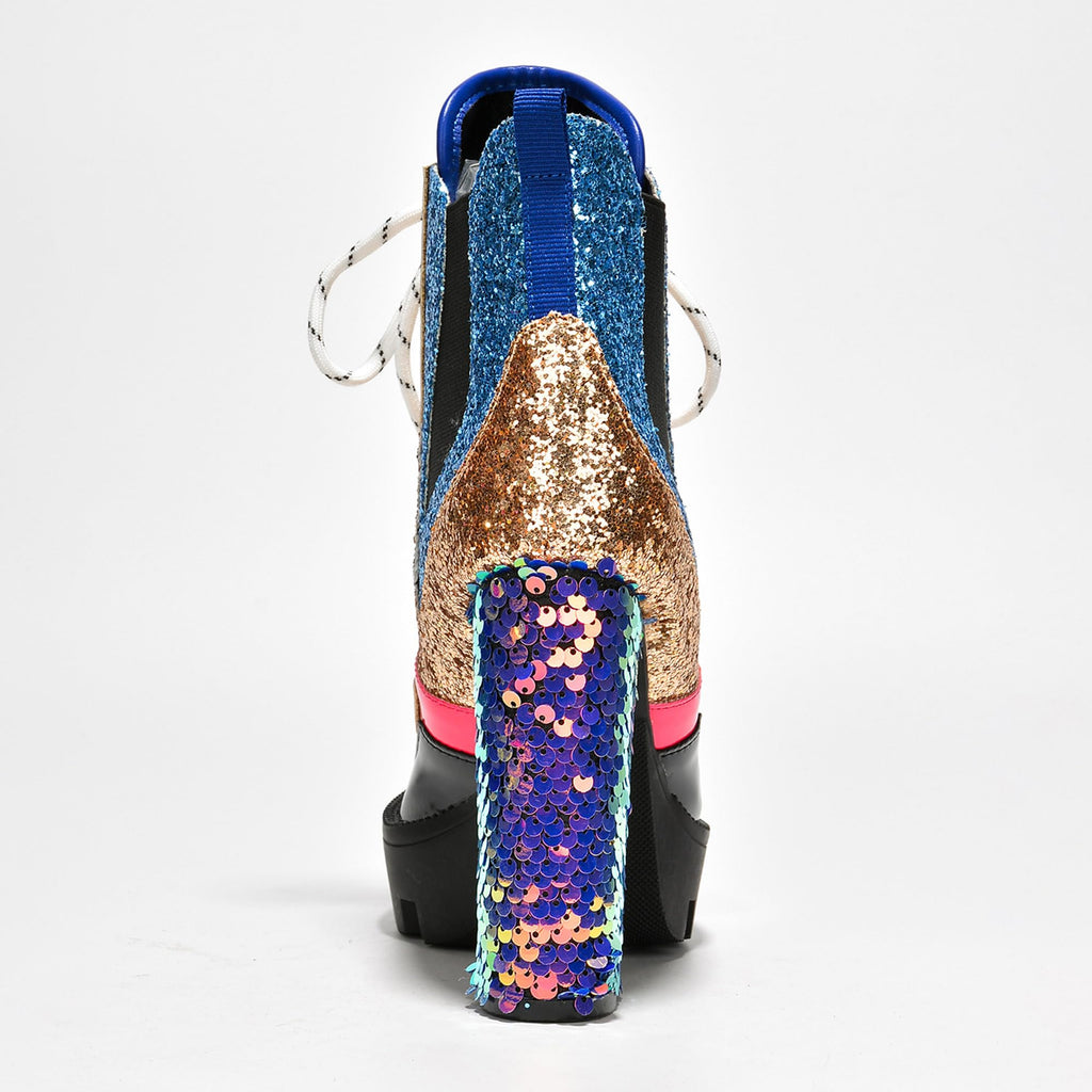 Cape Robbin Nell Heeled Boots for Women Sparkly Sequin Platform Chelsea Boots Women - Chunky Block Heels with Sequined Tongue and Heel - Stylish Glitter Ankle Boots for Women