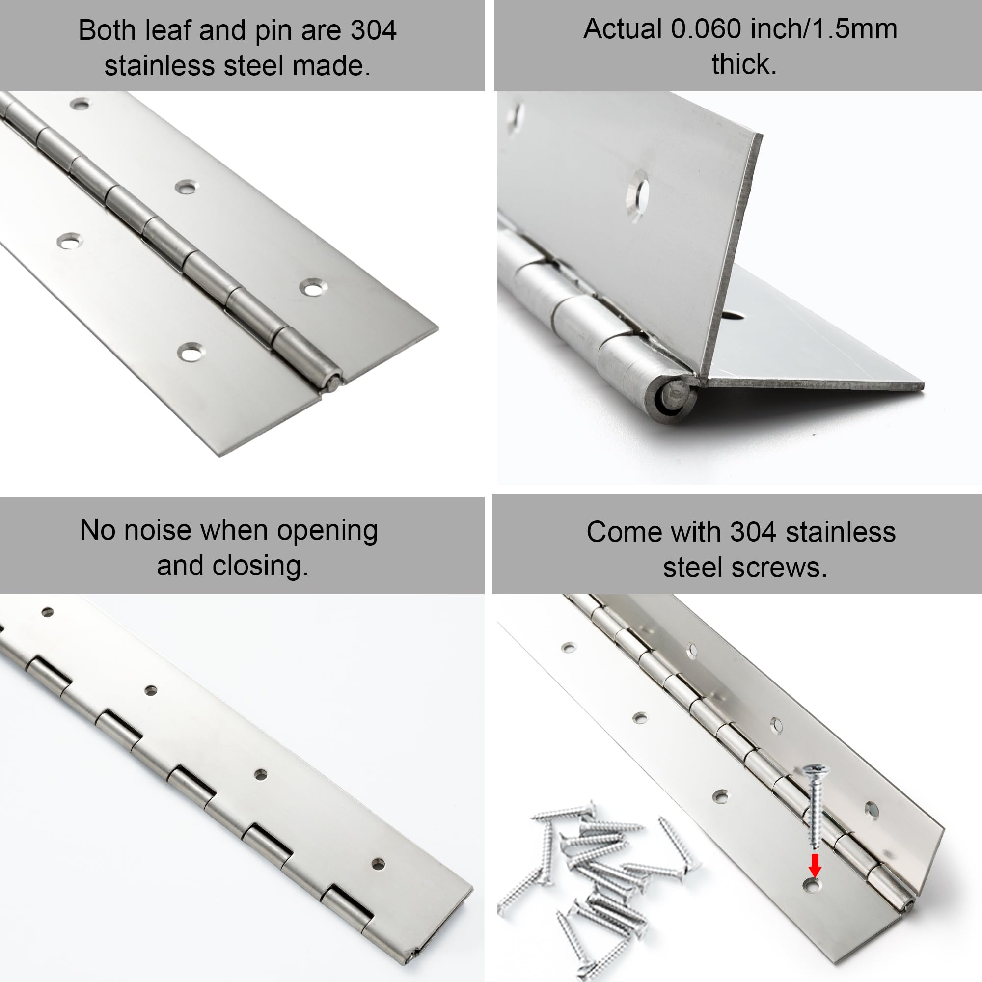 2 Pcs Heavy Duty Piano Hinge 8 Inch x 3 Inch Width, True 0.060'' Thick Stainless Steel Piano Hinge for Heavy Duty Cabinet, Door, Toolbox, Wooden Box, Metal Plate, Furniture, Industrial Project