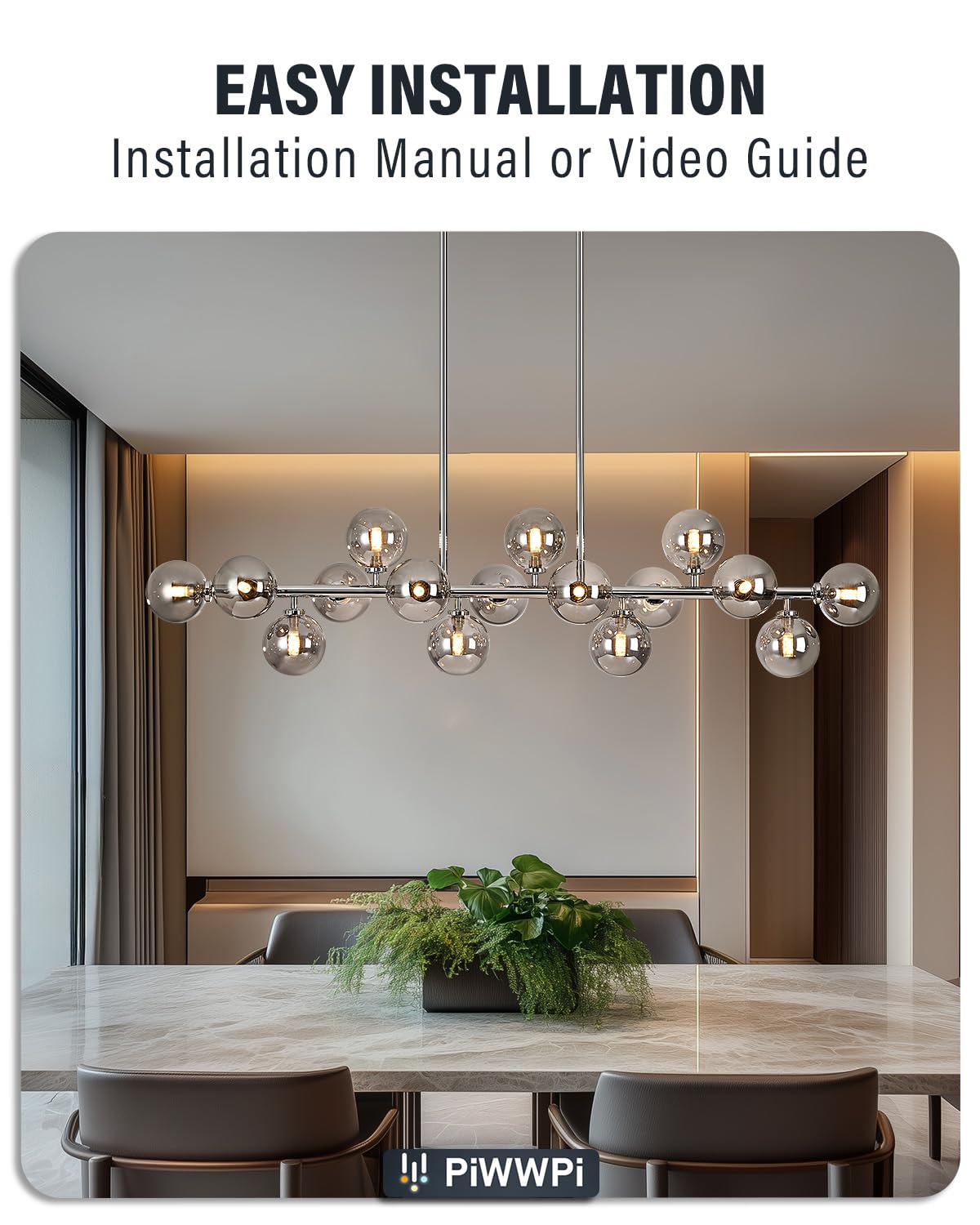 Modern Linear Chandeliers for Dining Room, 8-Light Globe Sputnik Pendant Ceiling Light, Black Dining Room Light Fixture Over Table, Mid Century Glass Milk White Bubble, 31.5 Inch, GC-09