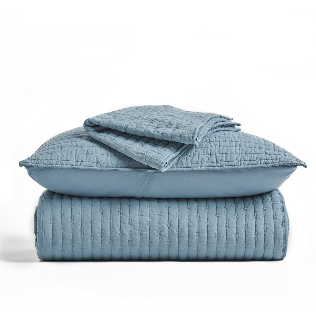 EVERGRACE Cotton Border Frame Tack-Stitch Quilt Bedding Set Queen Size, Coastal Oversized 3 Pieces Lightweight Bedspread Coverlet for All Season, with 2 Matching Shams, Blue Linen