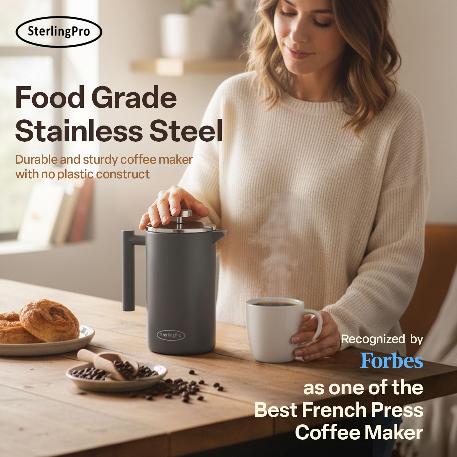 SterlingPro Stainless Steel French Press Coffee Maker 1 L (34 oz) Black – Double Walled Insulated Large Coffee Press, Durable Design Keeps Drinks Hot, Easy to Use and Clean for Rich Flavor Brewing
