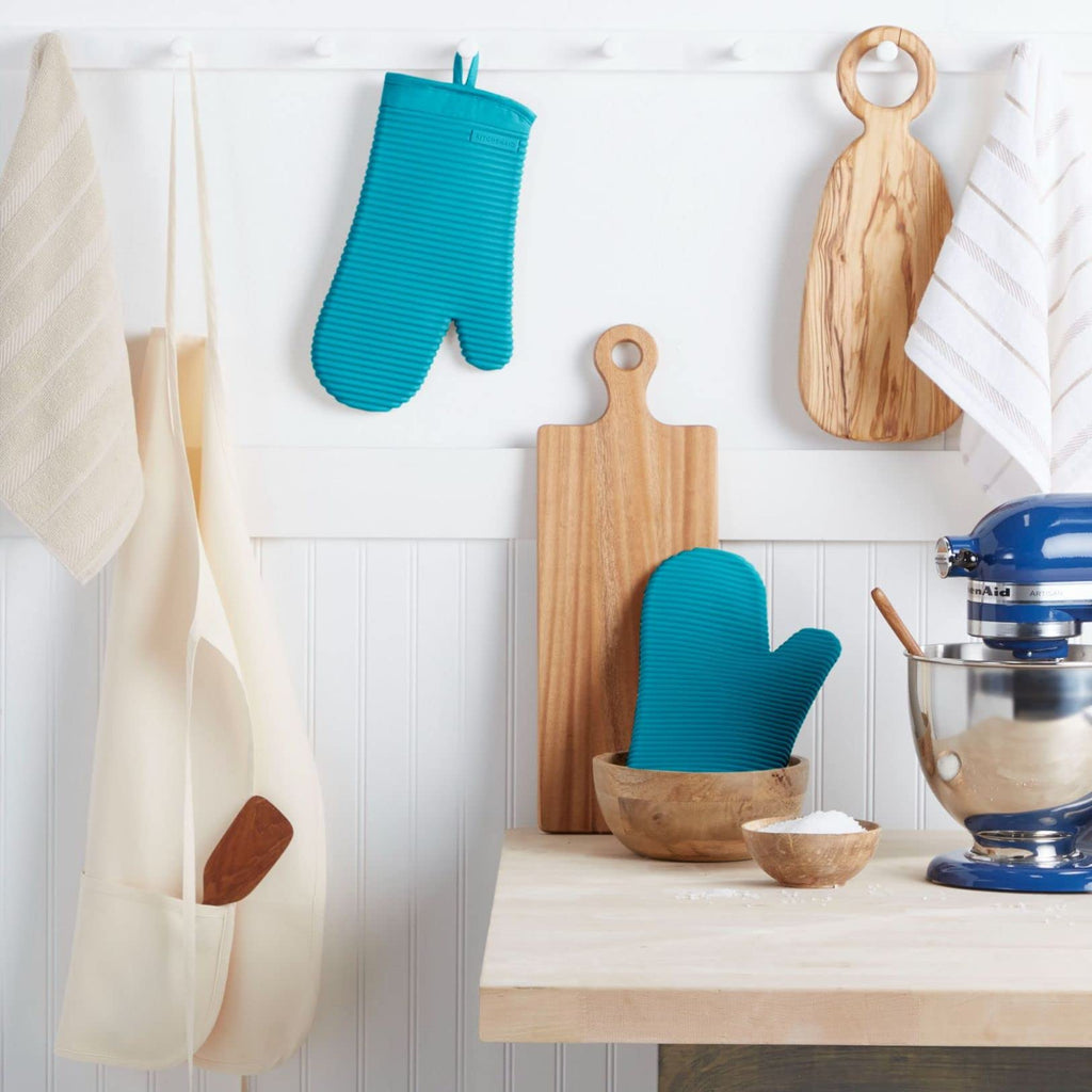 KITCHENAID Ribbed Soft Silicone Oven Mitt 2-Pack Set, 7.5"x13", Aqua Sky