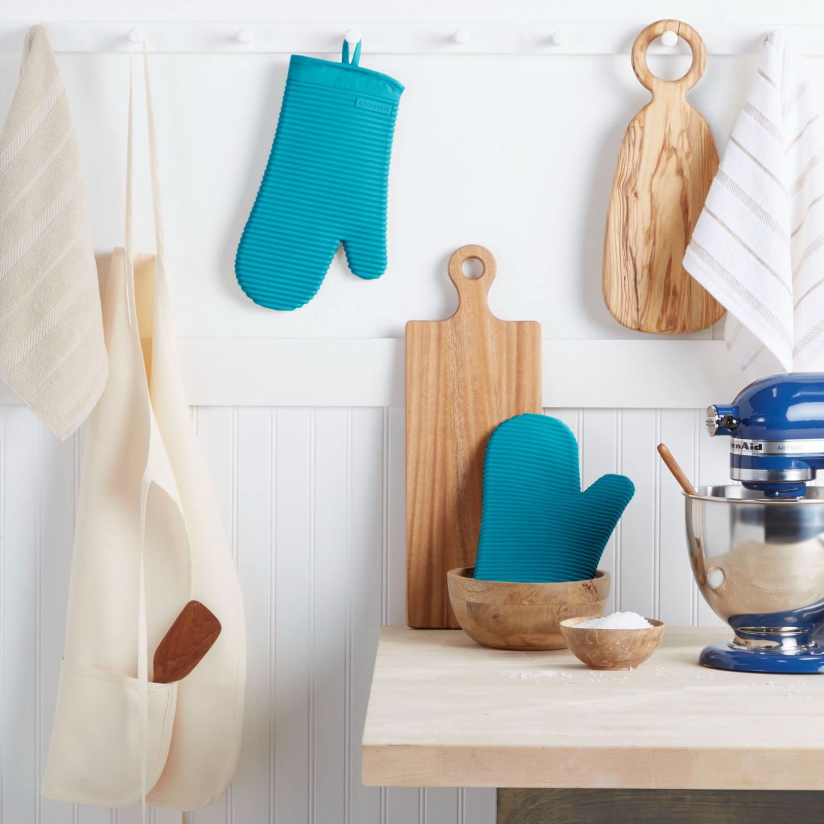 KITCHENAID Ribbed Soft Silicone Oven Mitt 2-Pack Set, 7.5"x13", Aqua Sky