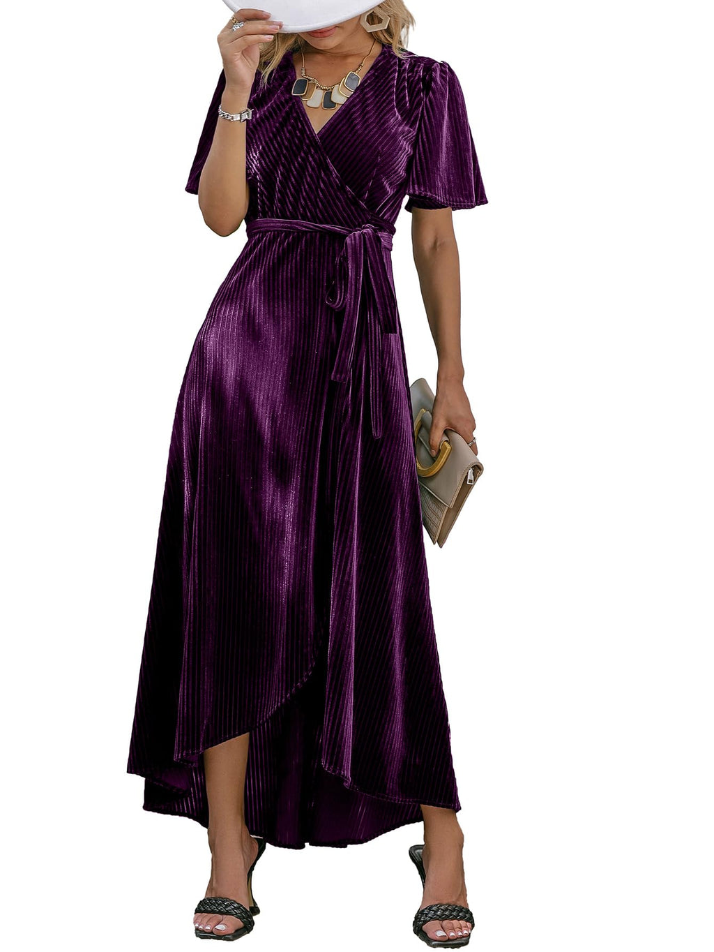 BerryGo Women's Velvet V Neck Wrap Semi Formal Dress Cocktail Party Maxi Dress for Wedding Guest
