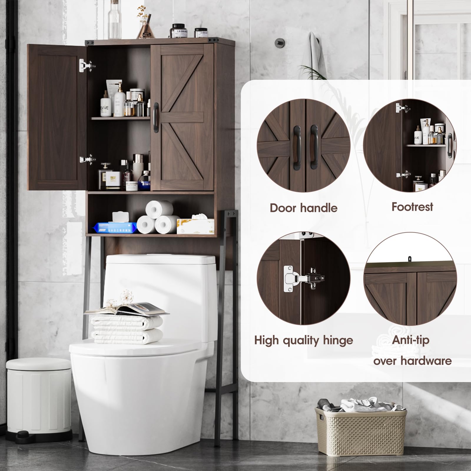 Vabches Over The Toilet Storage Cabinet with 2-Door Design Bathroom Organizers and Storage with Anti-Tip Device Over Toilet Organizer with Shelves for Bathroom,Restroom,Laundry Black