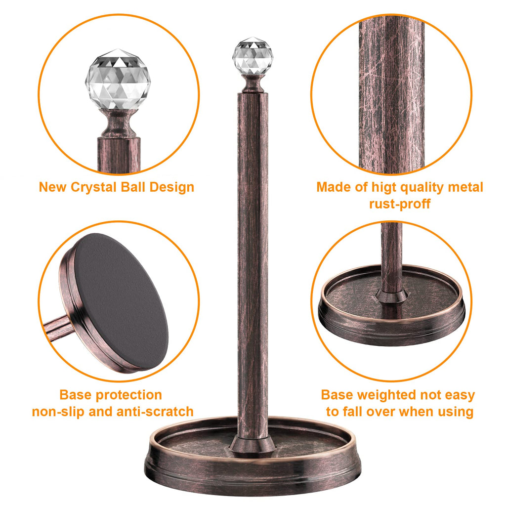 KASUNTO Paper Towel Holder with Crystal Ball - Steel Countertop Stand, Fits Standard & Jumbo Rolls, Brushed Nickel