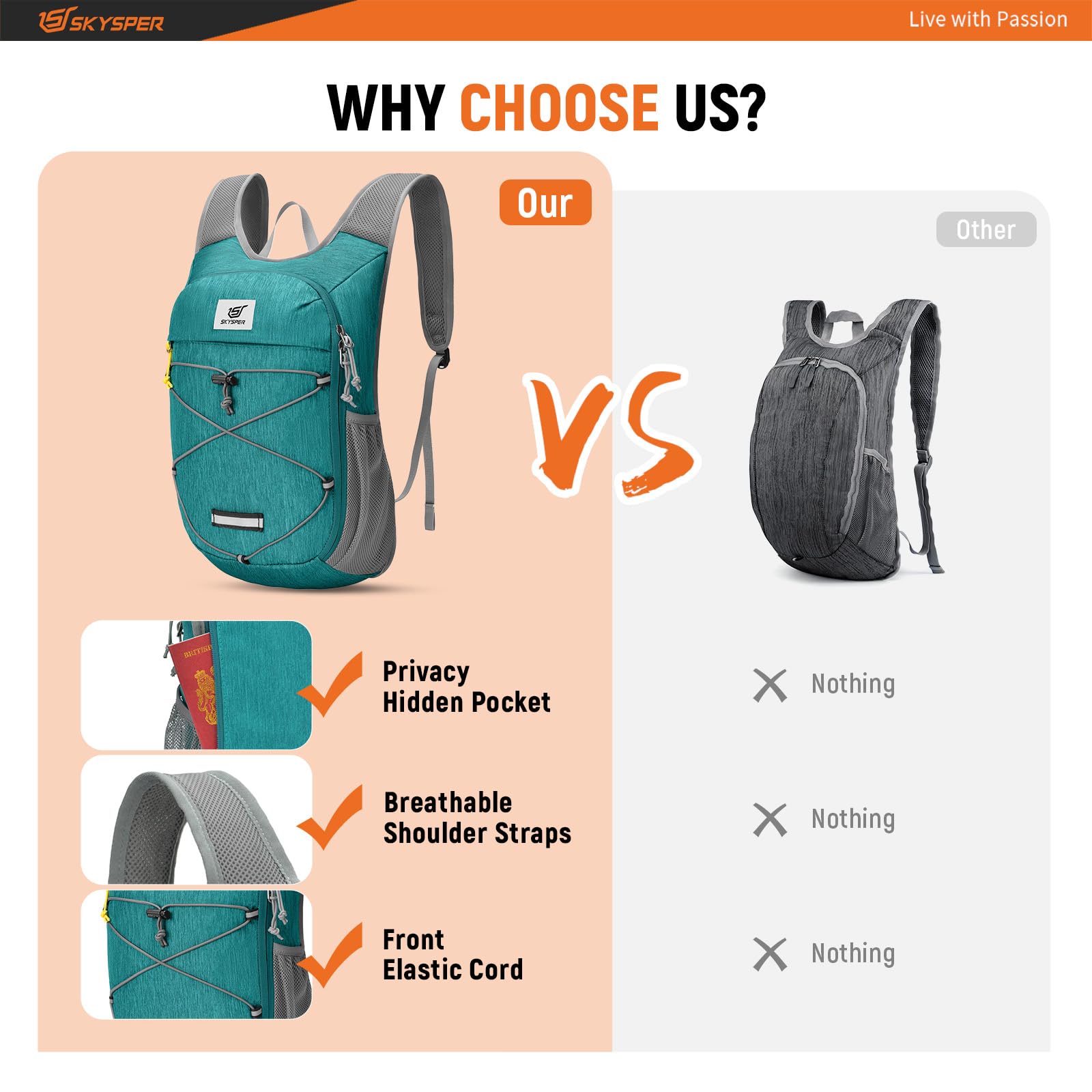 SKYSPER Foldable Hiking Backpack - 10L/15L Small Lightweight Daypack Breathable Travel Backpacks