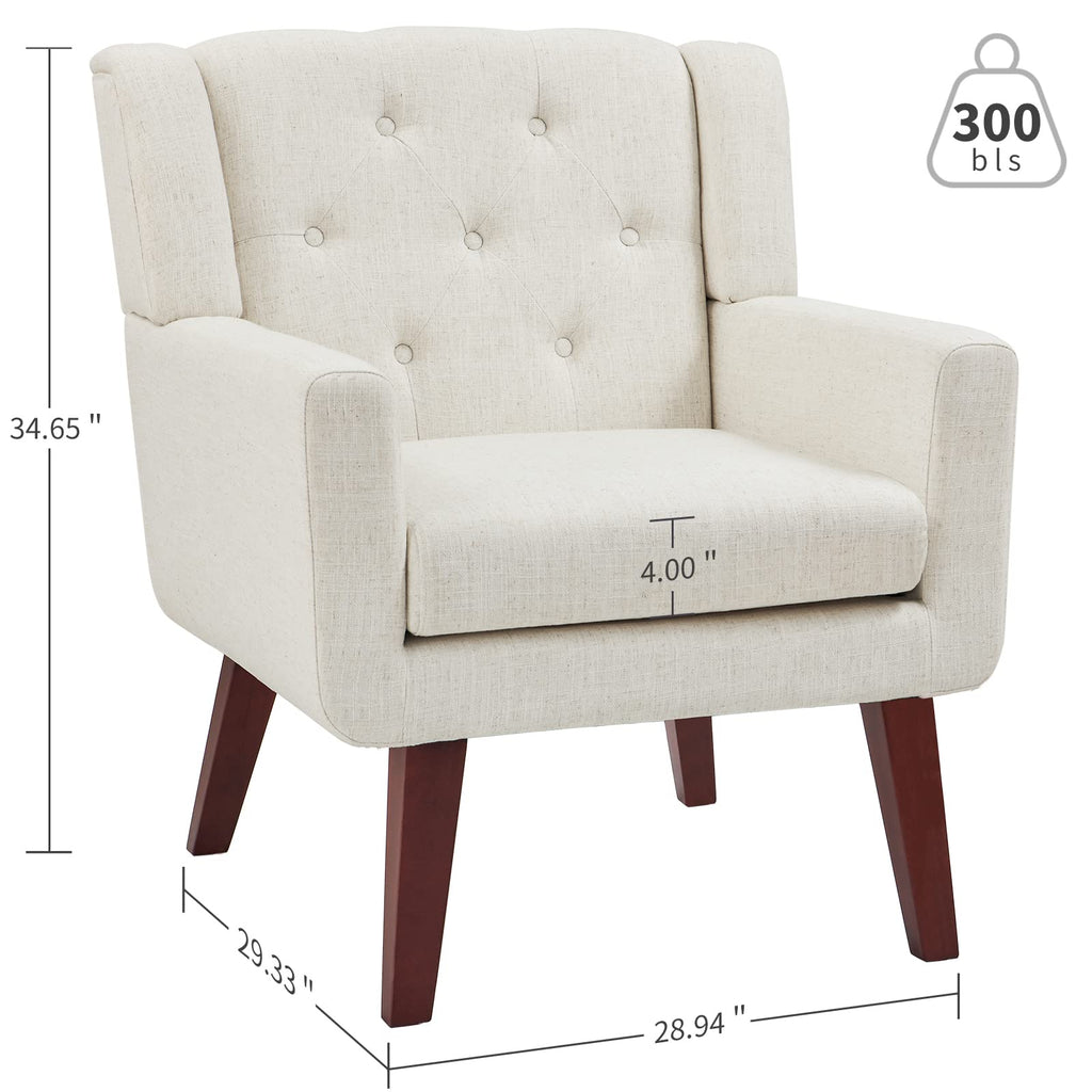 Living&Giving Accent Chair Button-Tufted Upholstered Living Room Chairs Comfy Reading Mid Century Modern with Linen Fabric Lounge Arm for Bedroom (Beige) 29.33D x 28.94W x 34.65H Inch