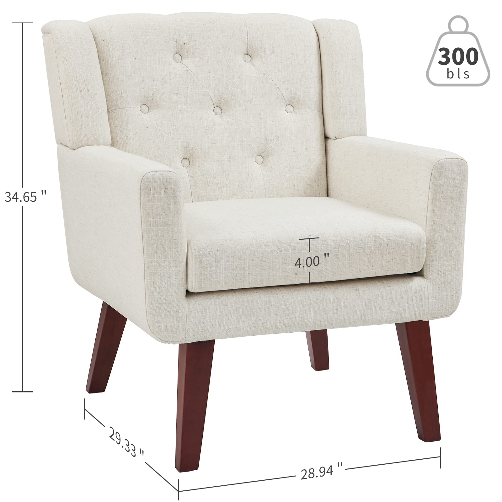 Living&Giving Accent Chair Button-Tufted Upholstered Living Room Chairs Comfy Reading Mid Century Modern with Linen Fabric Lounge Arm for Bedroom (Beige) 29.33D x 28.94W x 34.65H Inch
