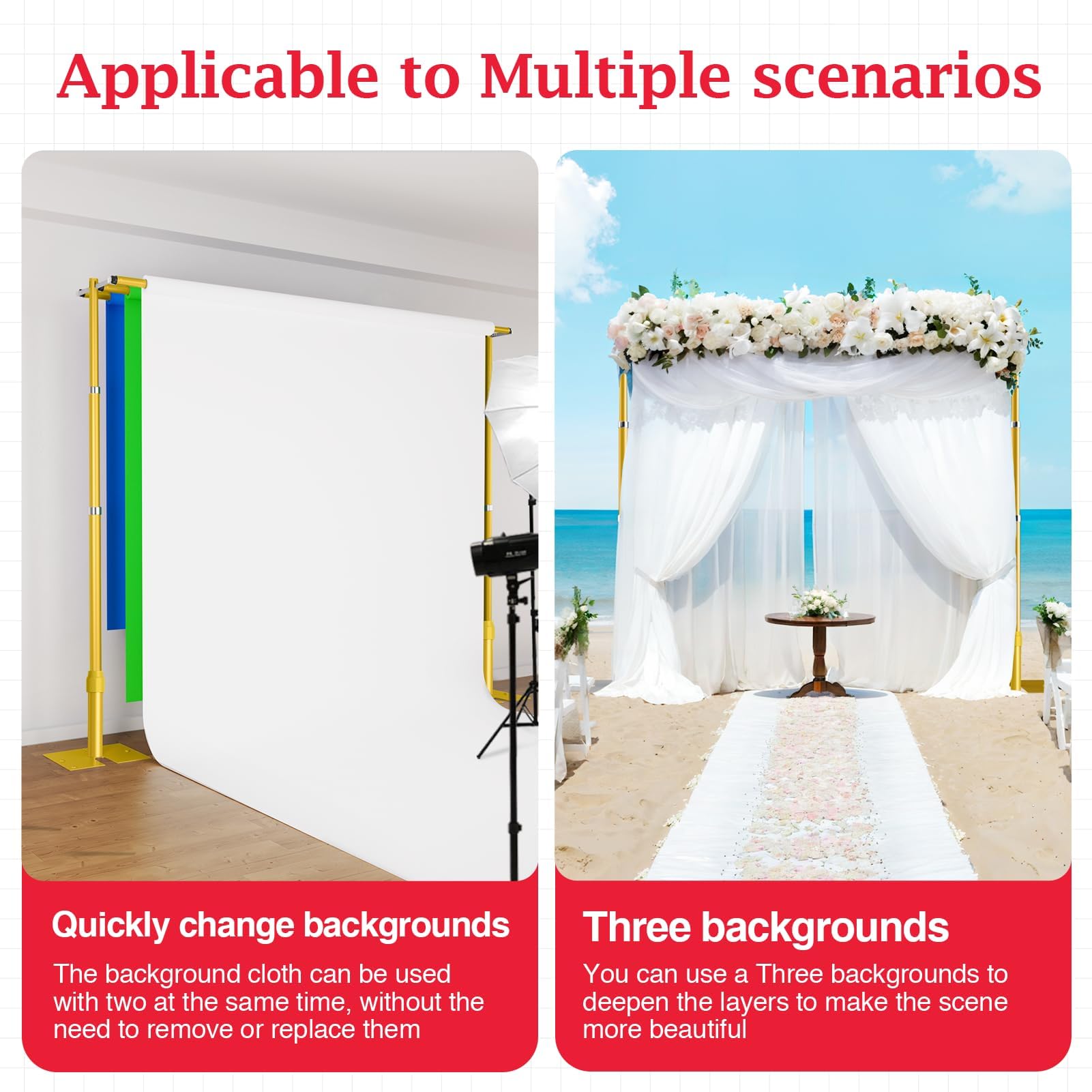 EMART Backdrop Stand Heavy Duty 8.9x10Ft,Three Crossbar Pipe and Drape Photo Background Support Kit, Adjustable Metal Frame with Flat Base for Wedding Birthday Party Decorations-Black