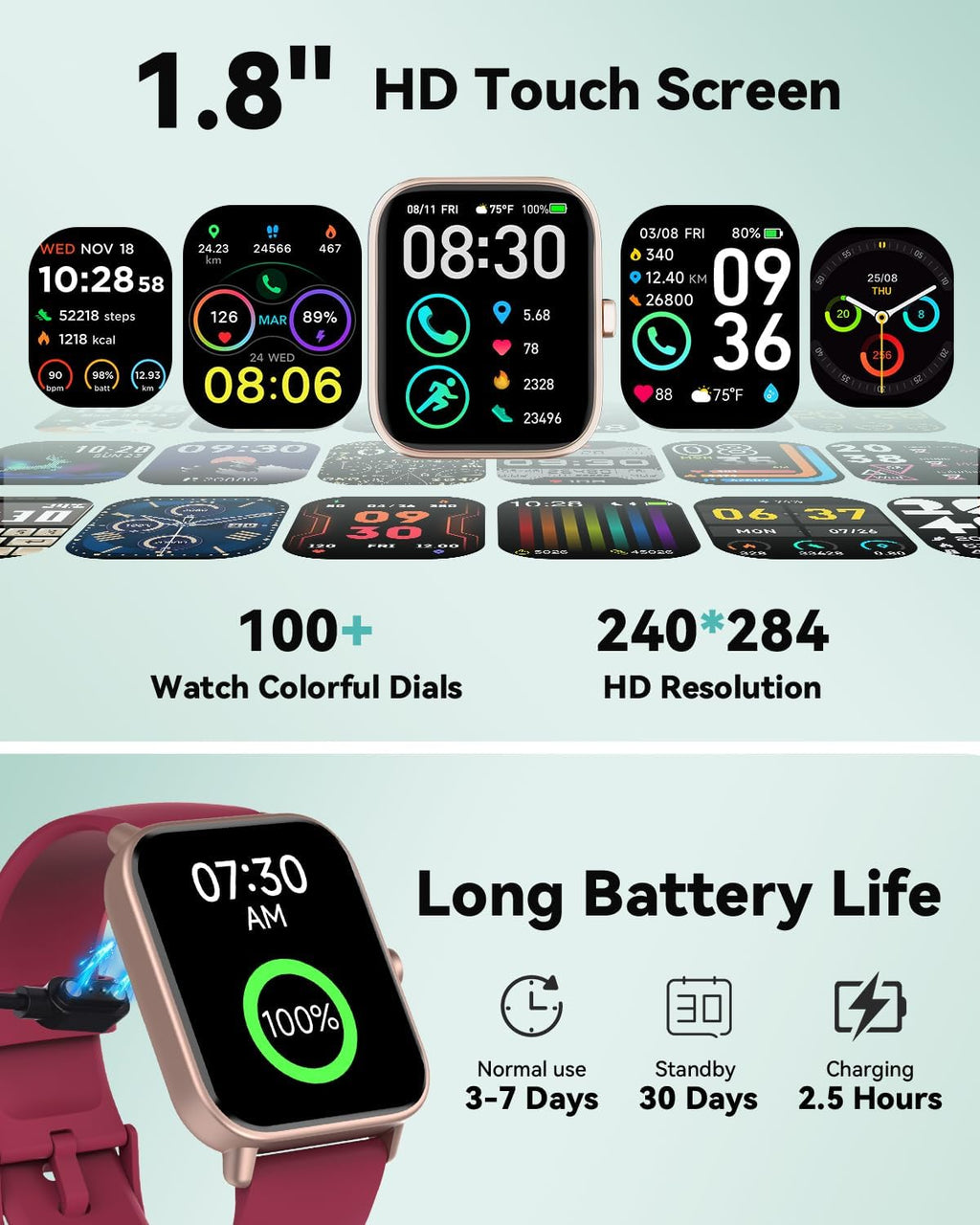 Quican Smart Watches for Women, Compatible for iPhone and Android Phones, Calling, Heart Rate/Sleep Monitor, Alexa, 1.8" Fitness Tracker Watch, Waterproof, Gifts for Women, Silicone Band, Baby Pink