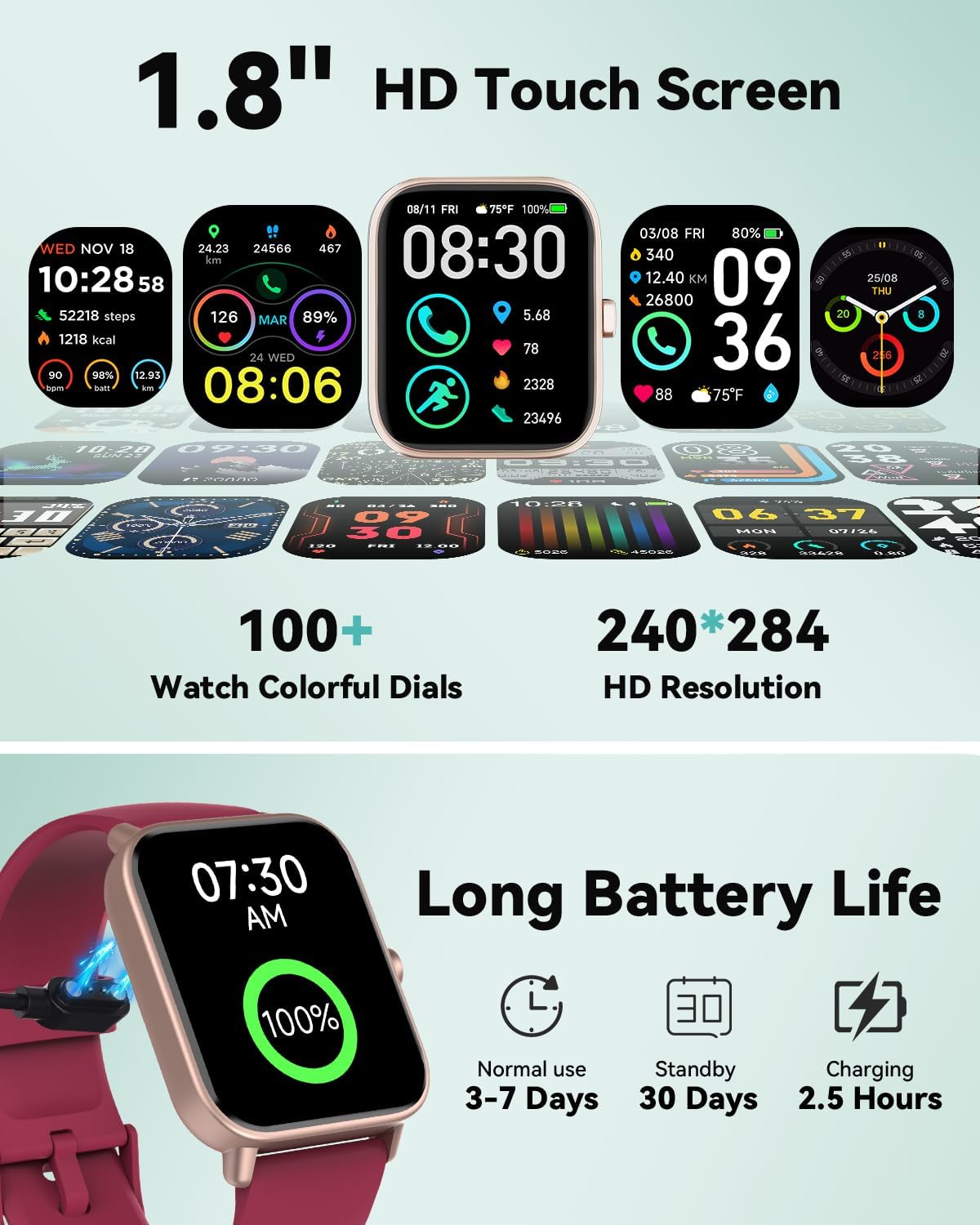 Quican Smart Watches for Women, Compatible for iPhone and Android Phones, Calling, Heart Rate/Sleep Monitor, Alexa, 1.8" Fitness Tracker Watch, Waterproof, Gifts for Women, Silicone Band, Baby Pink