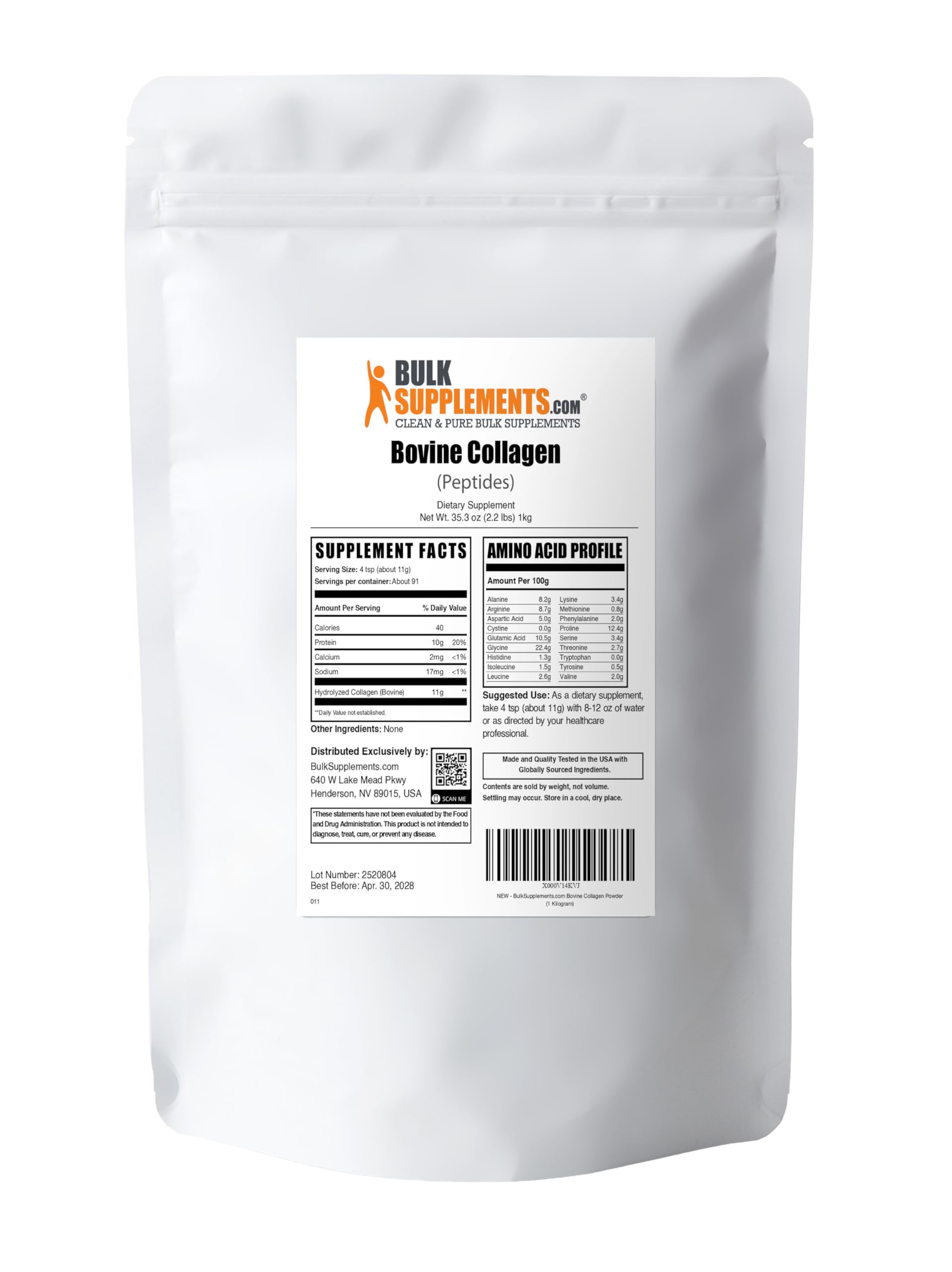 BulkSupplements.com Collagen Peptides Powder - Bovine Collagen Powder, Powdered Collagen Supplement - Hydrolyzed & Gluten Free, 11g per Serving, 500g (1.1 lbs) (Pack of 1)