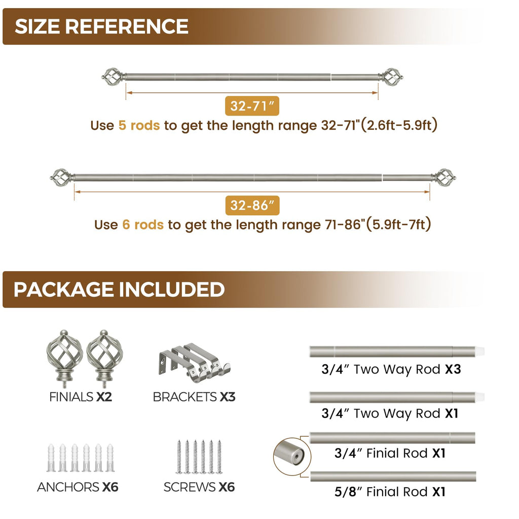 KAMANINA Silver Curtain Rod 32 to 58 Inch(2.6-4.8ft), Adjustable Curtain Rods for Windows 28 to 48 Inch, 3/4 Inch Splicing Drapery Rods with Twisted Cage Finial