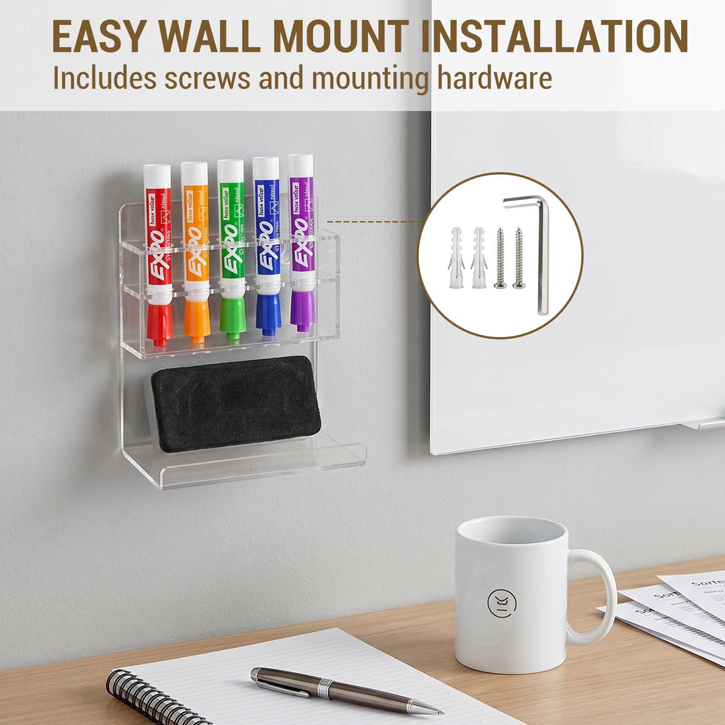 MyGift Dry Erase Marker Holder 10 Slots Whiteboard Marker Holder for Wall Dry Erase Eraser Holder Wall Mount Black
