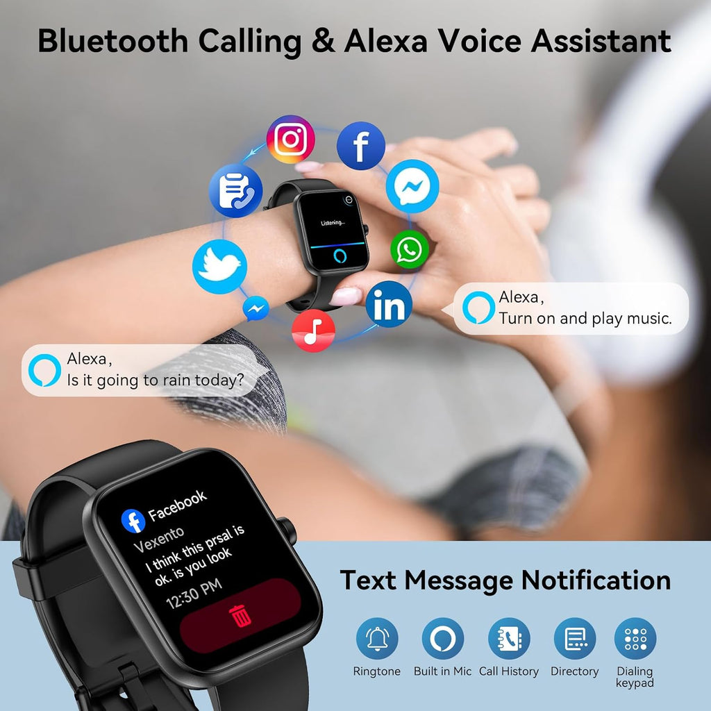 Smart Watch for Men Women Alexa Built-in, 1.83" HD Fitness Tracker Touchscreen with Call Function, IP68 Waterproof, 120+ Sport Modes, 24/7 Heart Rate/Sleep Monitor, iOS Android Compatible (Black)