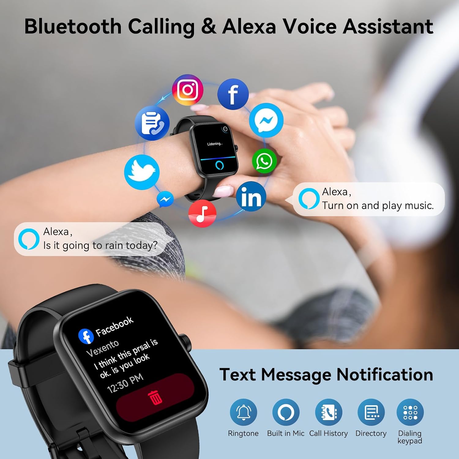 Smart Watch for Men Women Alexa Built-in, 1.83" HD Fitness Tracker Touchscreen with Call Function, IP68 Waterproof, 120+ Sport Modes, 24/7 Heart Rate/Sleep Monitor, iOS Android Compatible (Black)