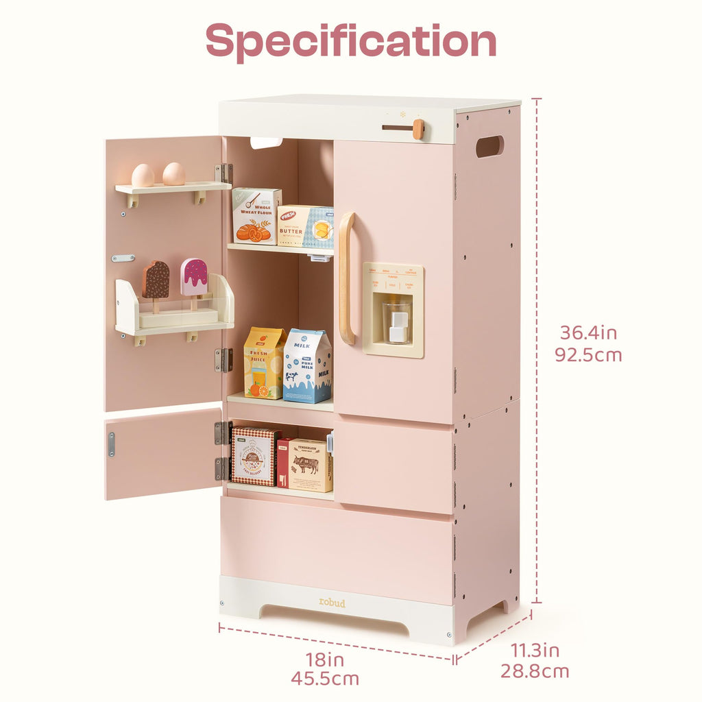 ROBUD Wooden Play Kitchen Fridge, Toy Kitchen Refrigerator, Kids Fridge Freezer Set with Ice Maker, Kitchen Playset Gift for Kids & Toddlers, Age 3+ (Caramel)