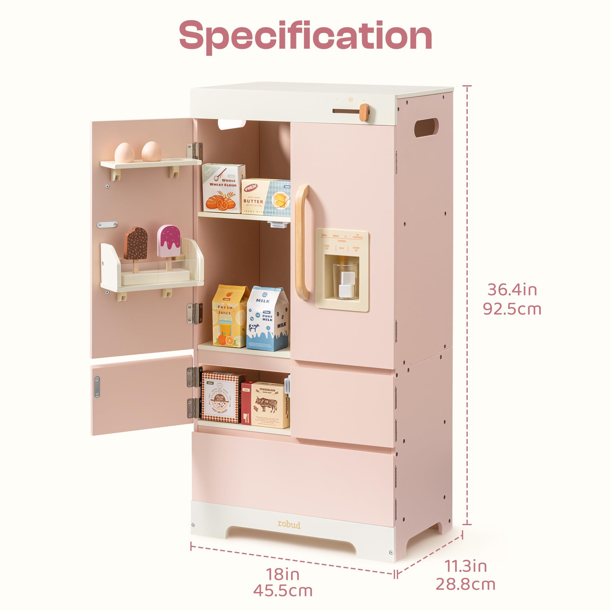 ROBUD Wooden Play Kitchen Fridge, Toy Kitchen Refrigerator, Kids Fridge Freezer Set with Ice Maker, Kitchen Playset Gift for Kids & Toddlers, Age 3+ (Caramel)