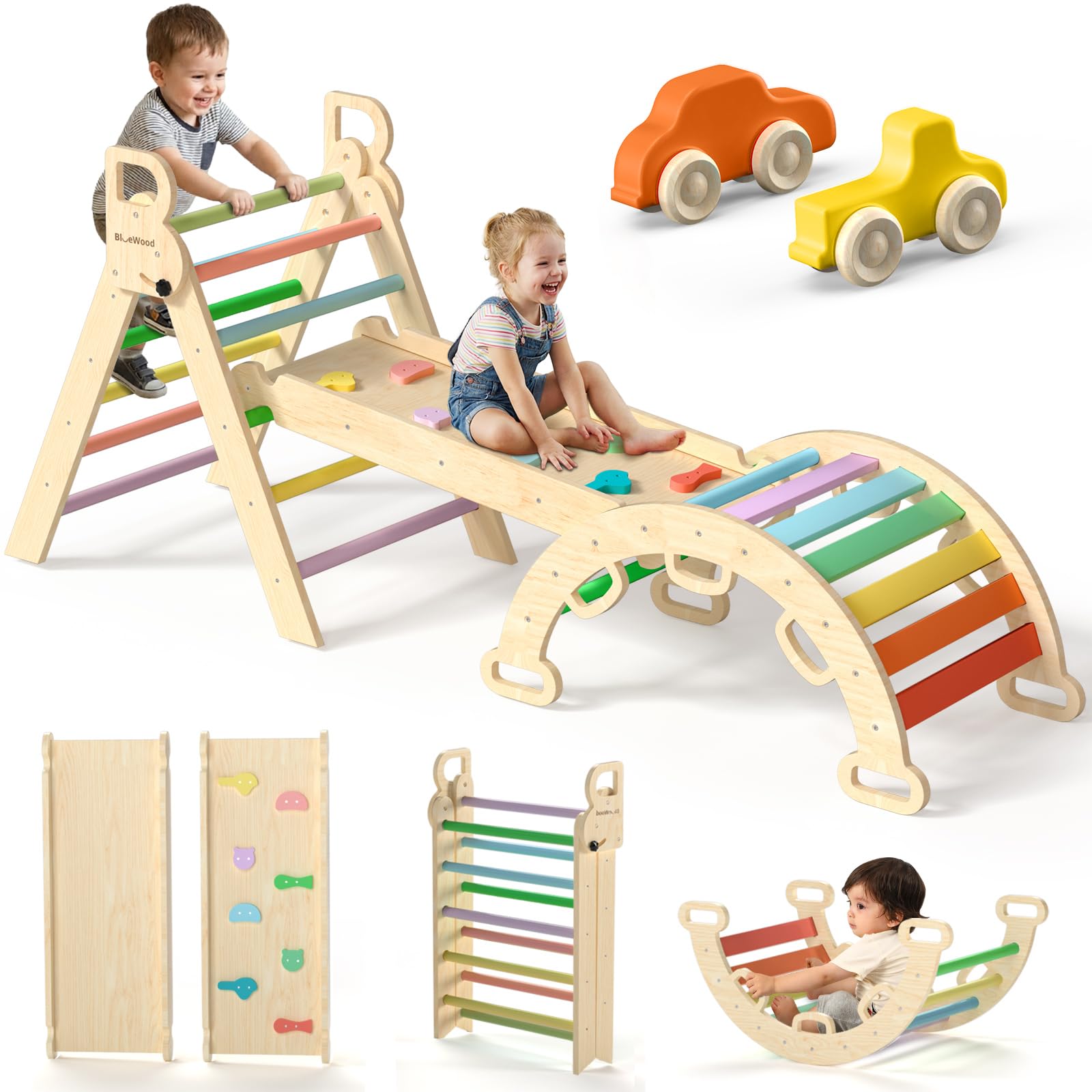 BlueWood Pikler Triangle Set with Safe Handle, Foldable 7-in-1 Montessori Toddler Climbing Toys Indoor, Wooden Pickler Climbing Set, Baby Jungle Gym & Playground, Climbing Toys for 1-3 Year, Colorful
