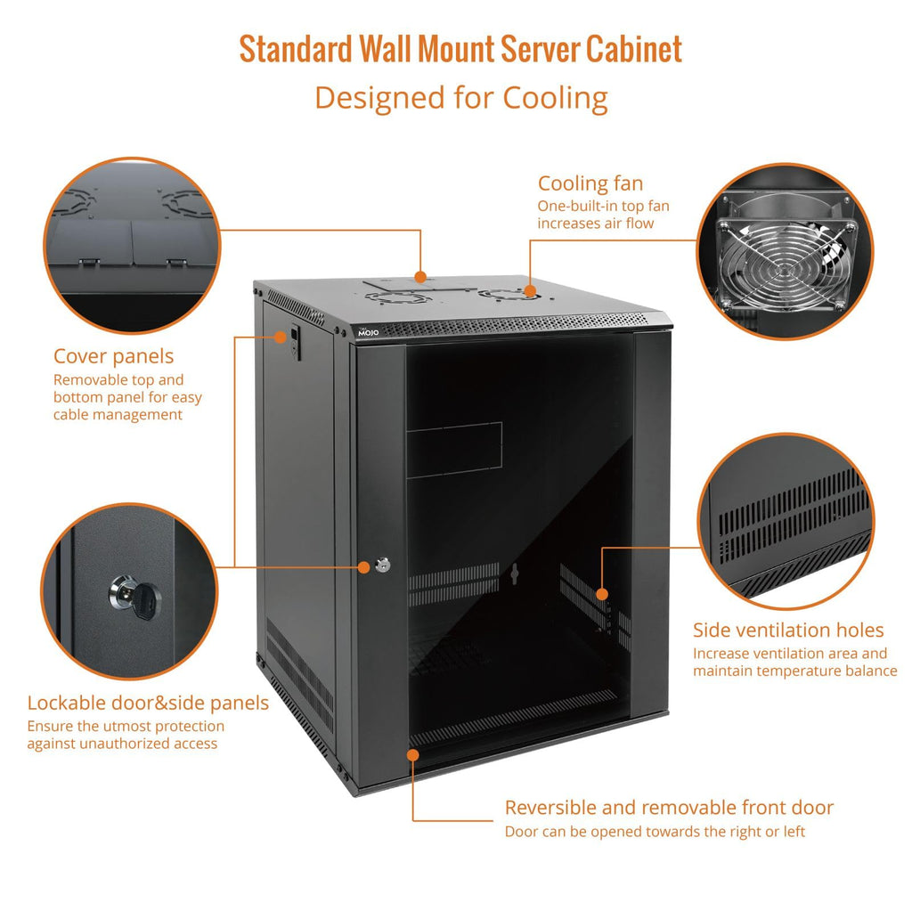 Tecmojo 15U Wall Mount Rack Network Cabinet for 19" IT Equipment,with Lockable Glass Door and Side Panels,Cooling Fan,17.7inch Depth,Black (15U)