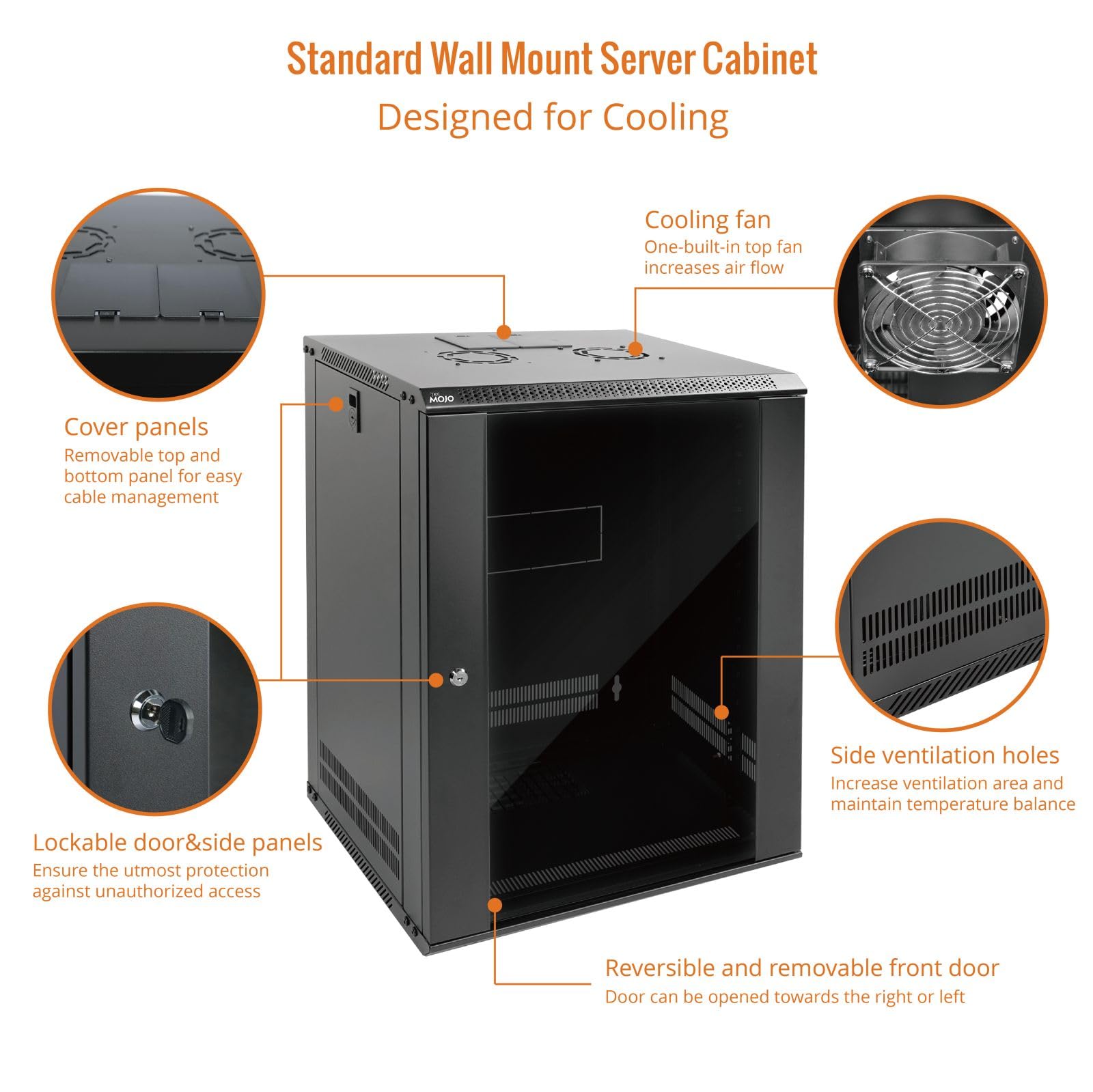 Tecmojo 15U Wall Mount Rack Network Cabinet for 19" IT Equipment,with Lockable Glass Door and Side Panels,Cooling Fan,17.7inch Depth,Black (15U)