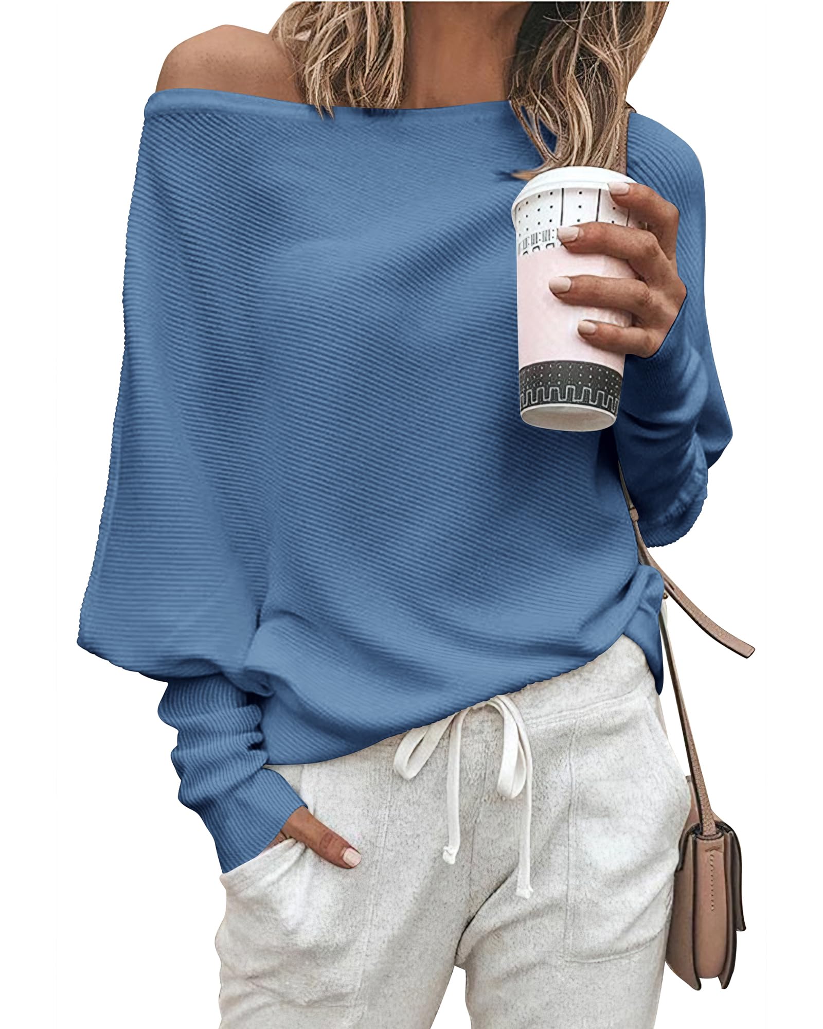 Zenlonr Women's Fall Sweaters 2026 Casual Long Batwing Sleeve Loose Off Shoulder Knit Pullovers Jumper Tops